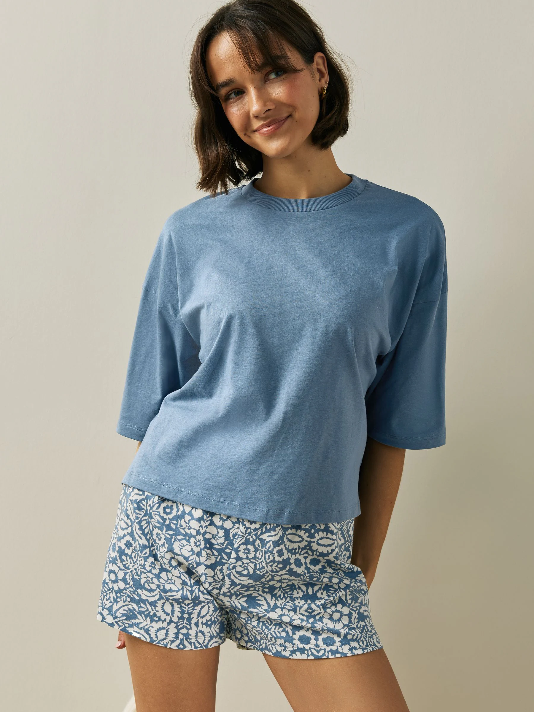 Blue Floral Cotton Short Set Pyjamas