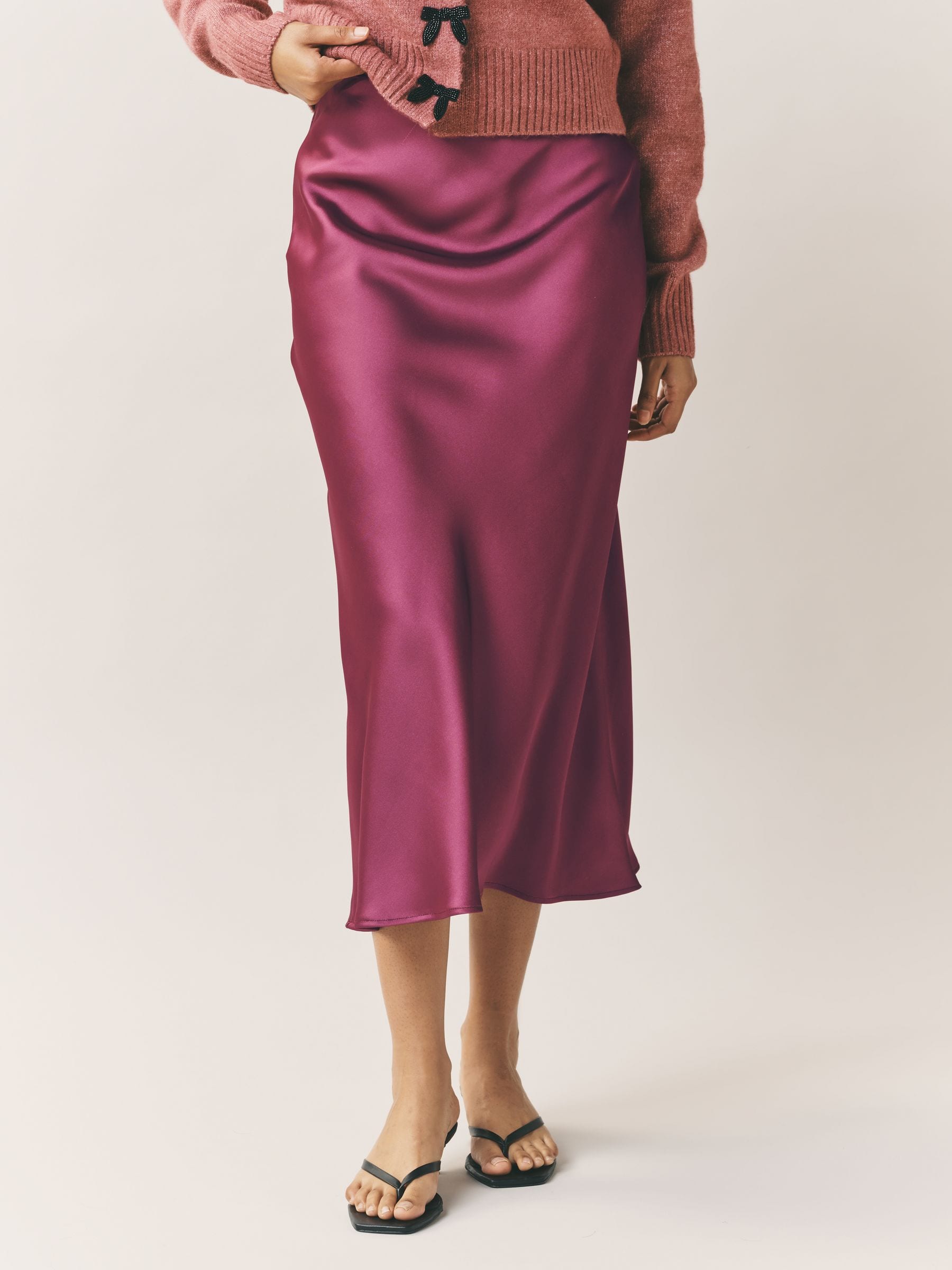 Dark Pink Satin Midi Skirt