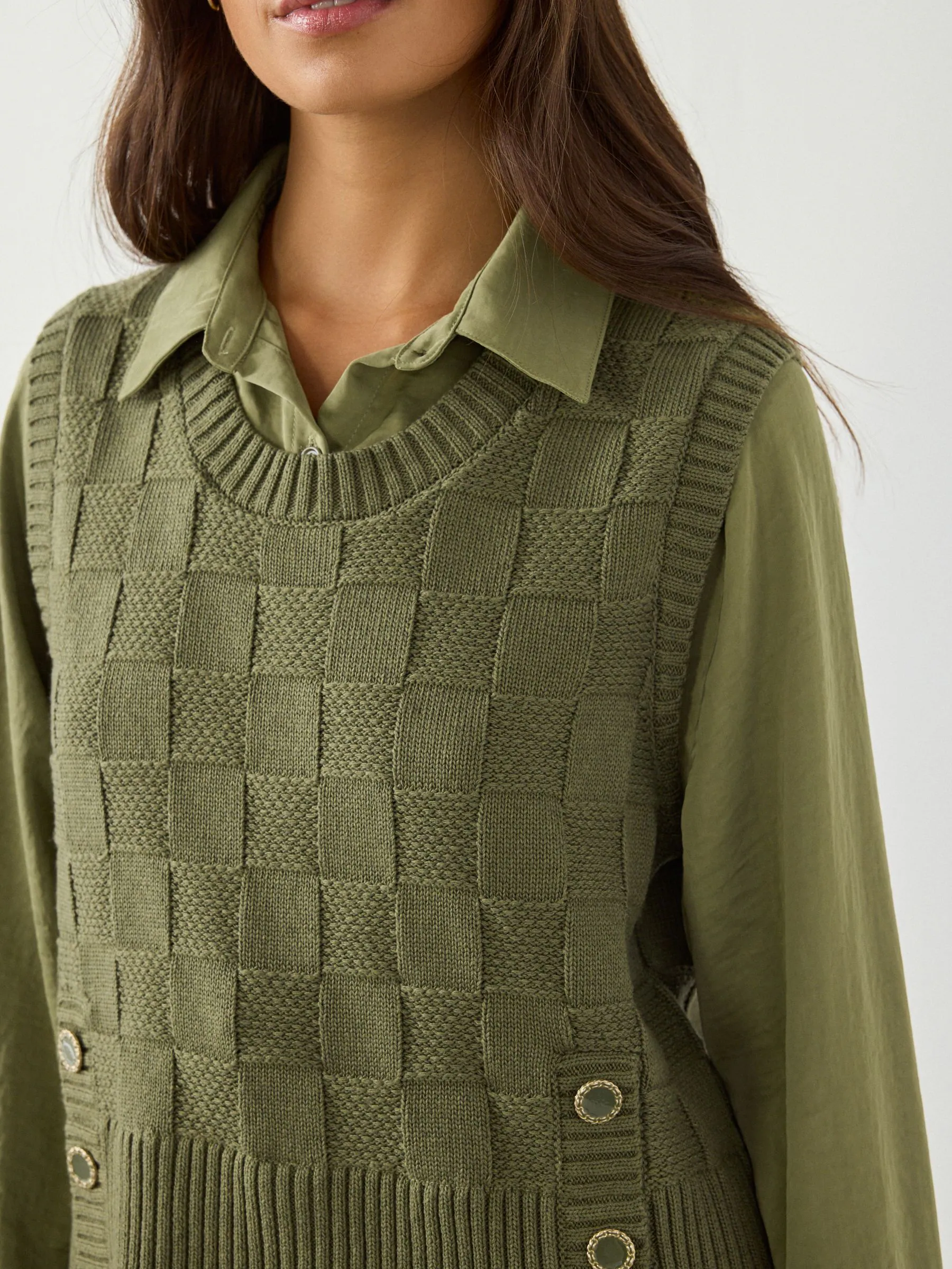 Khaki Green Knitted Tank Shirt Layer With Button Detail
