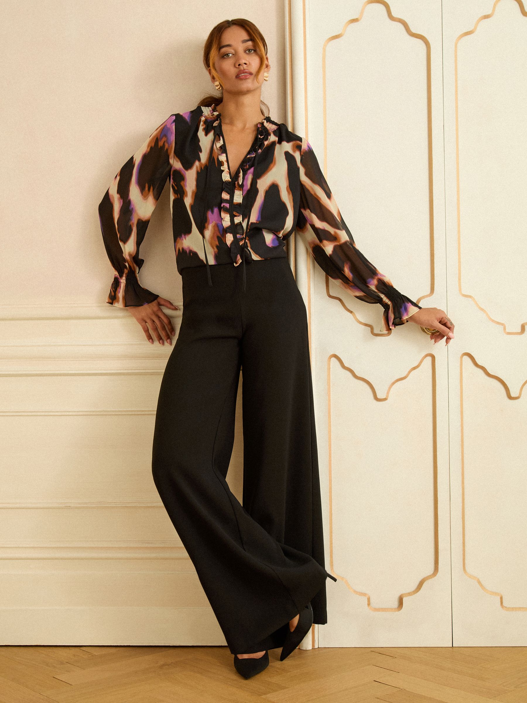 Love & Roses Black Animal Notch Neck Long Sleeve Blouse