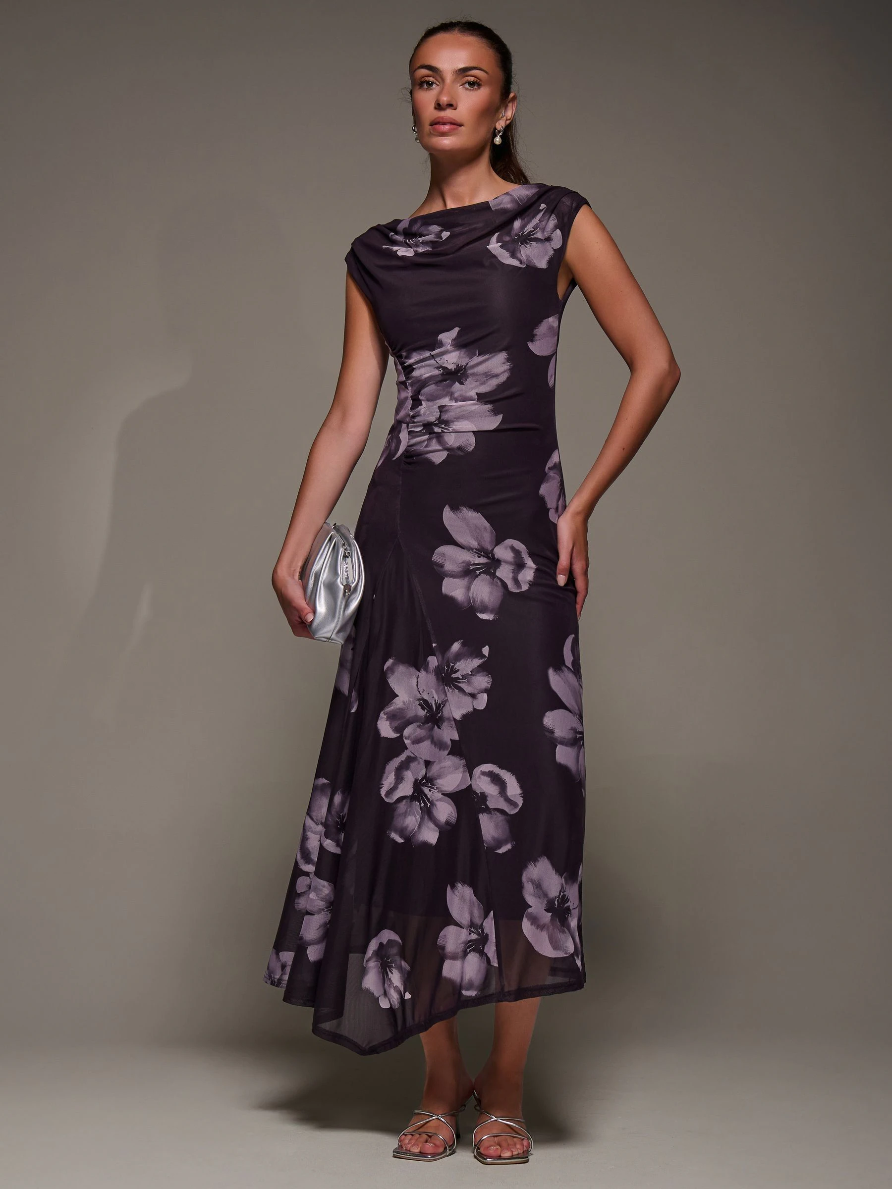 Jolie Moi Purple Slash Neck Ruched Mesh Maxi Dress