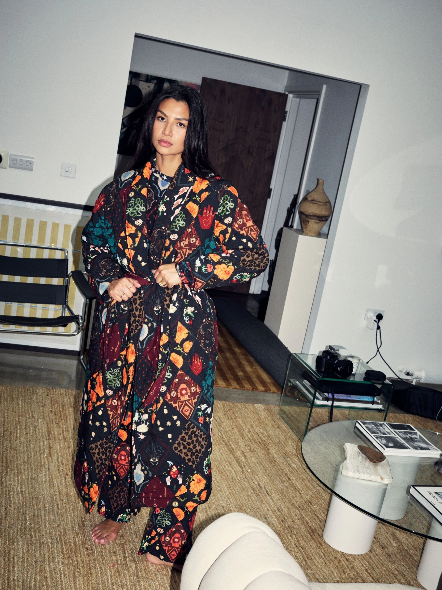 Never Fully Dressed Night Garden Quilted Robe with Faux Fur Lining