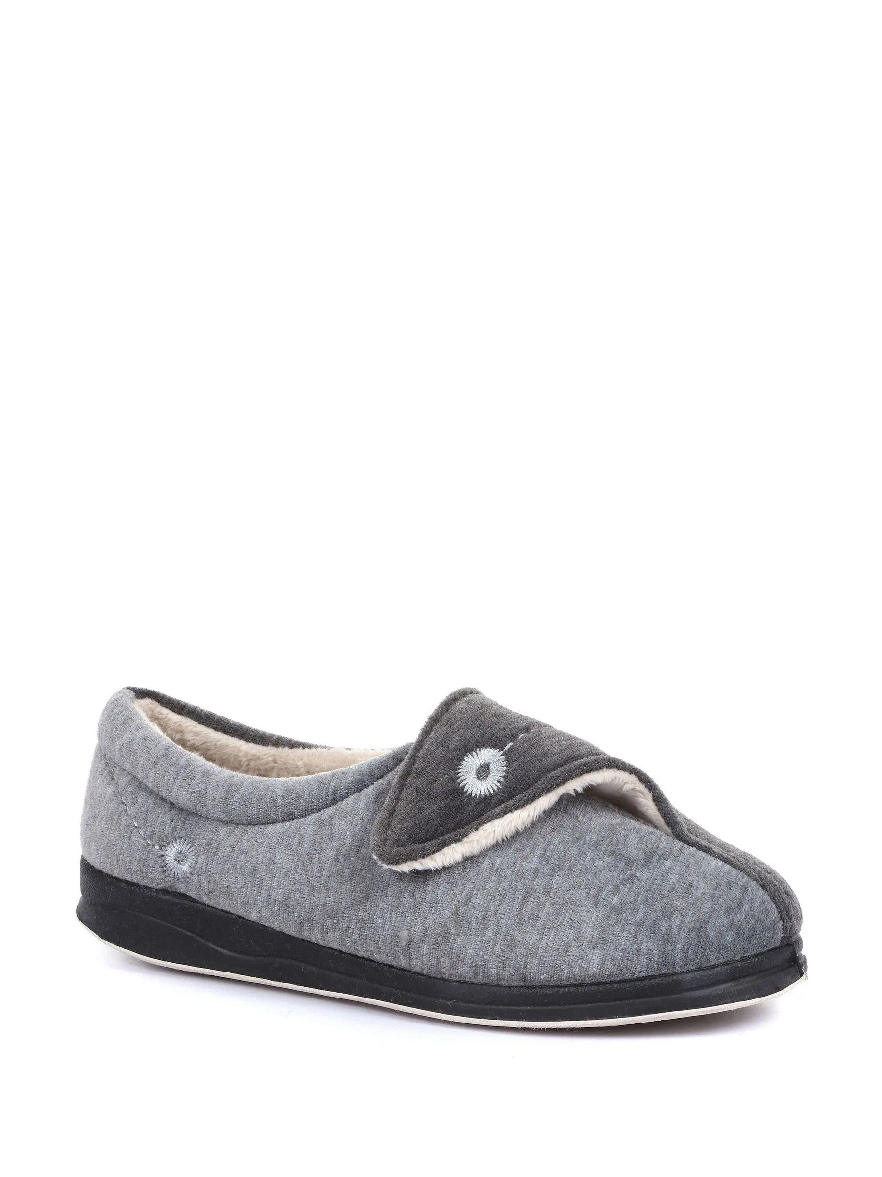Pavers Grey Wide Fit Ladies Touch Fasten Full Slippers With Permalose Sole