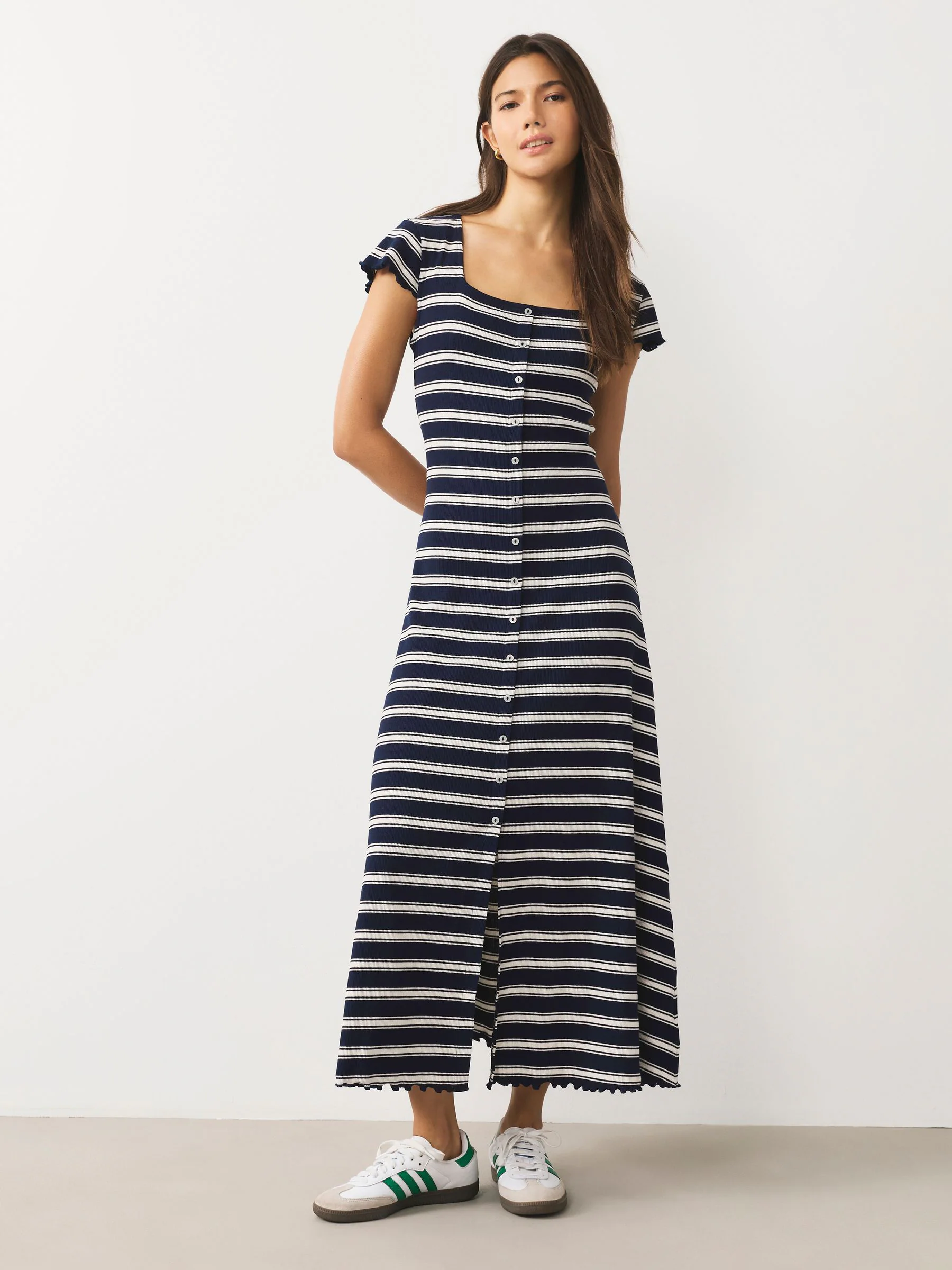 Navy Stripe/ Black Short Sleeve Jersey Button Through Maxi Dress