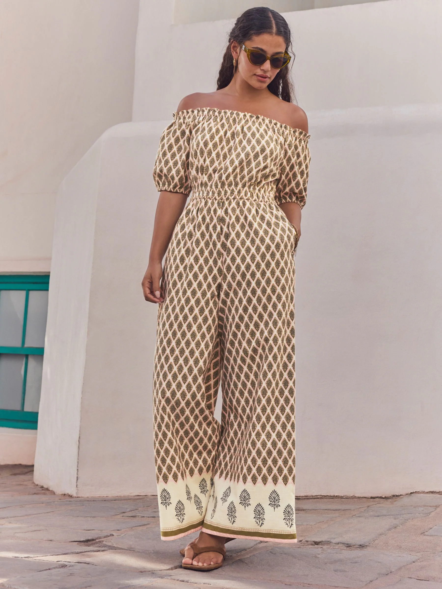 Khaki Green Off Shoulder 100% Cotton Wide Leg Jumpsuit