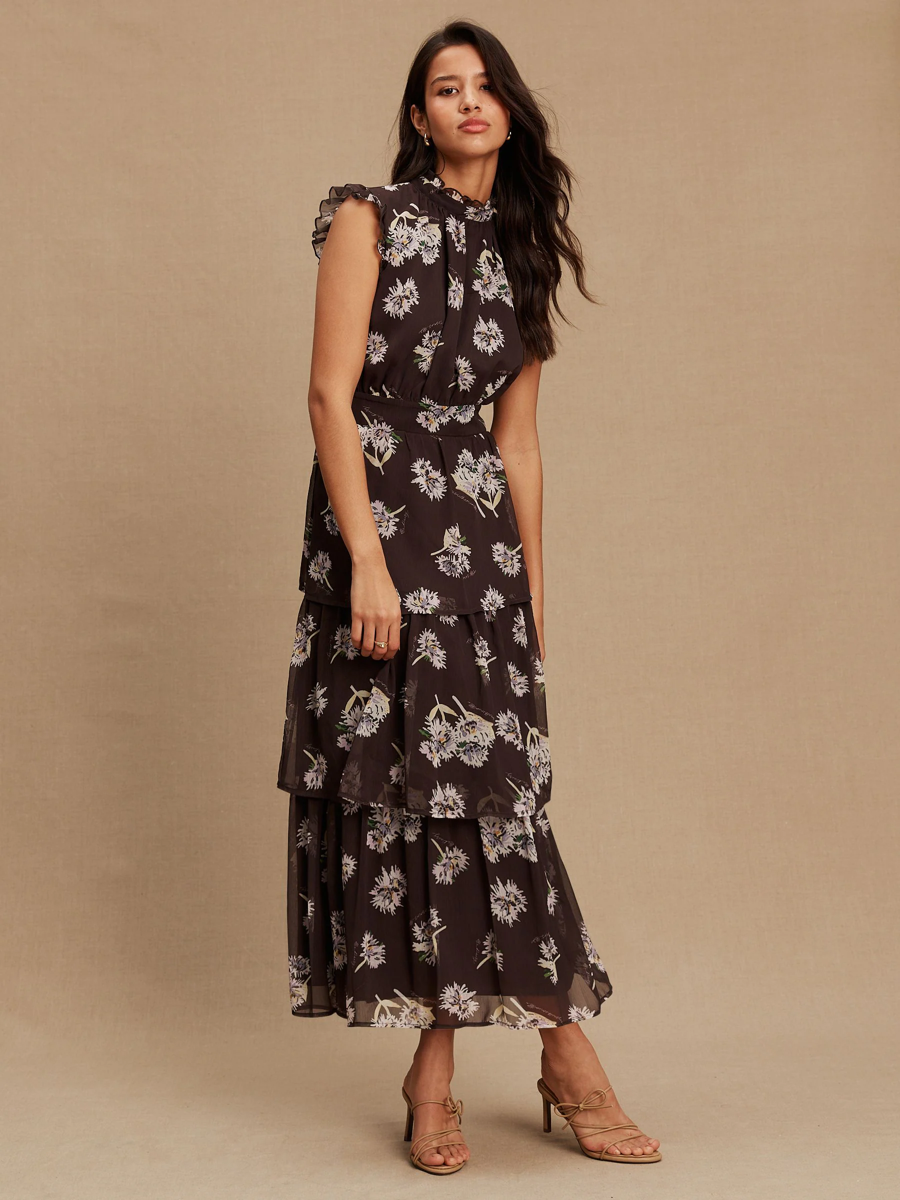 Brown Floral Printed High Neck Tiered Occasion Maxi Dress
