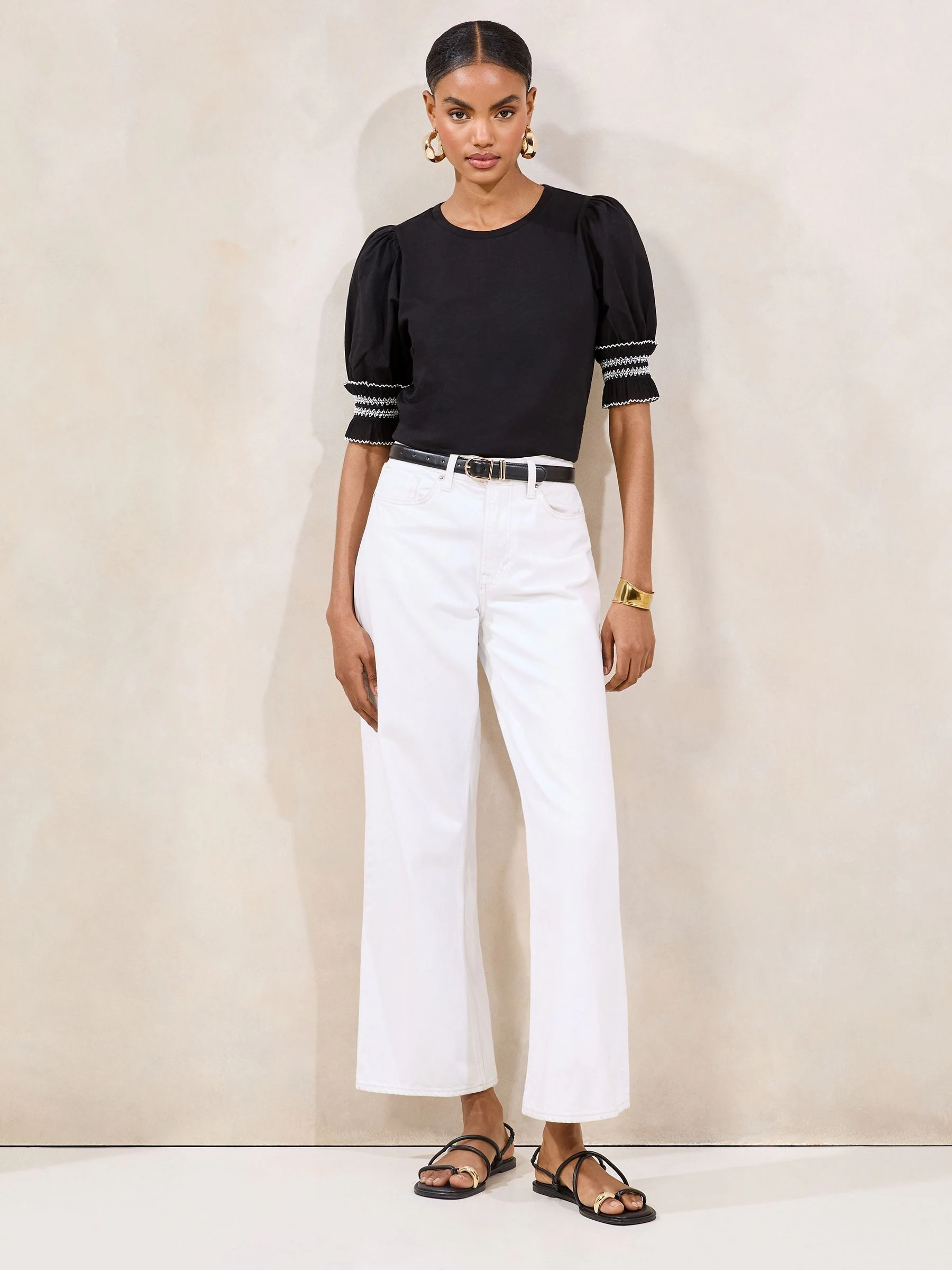 Lipsy Black 100% Cotton Trim Detail Short Sleeve Puff Top