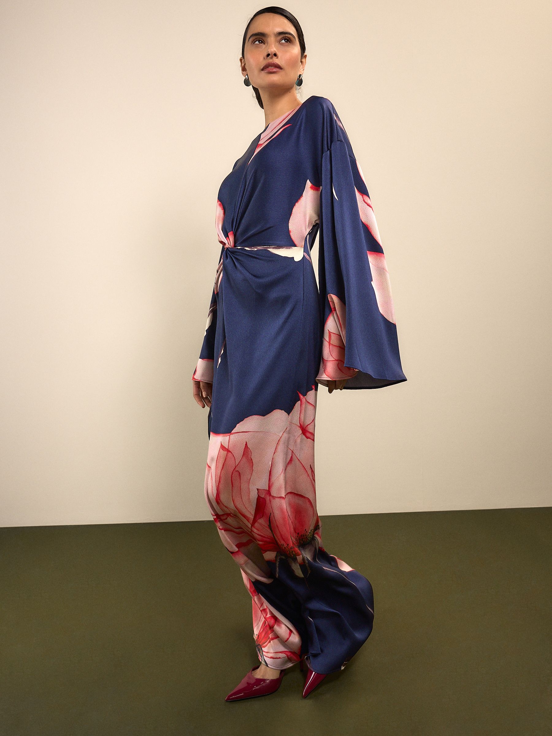 Navy Floral Twist Front Long Sleeve Satin Maxi Dress