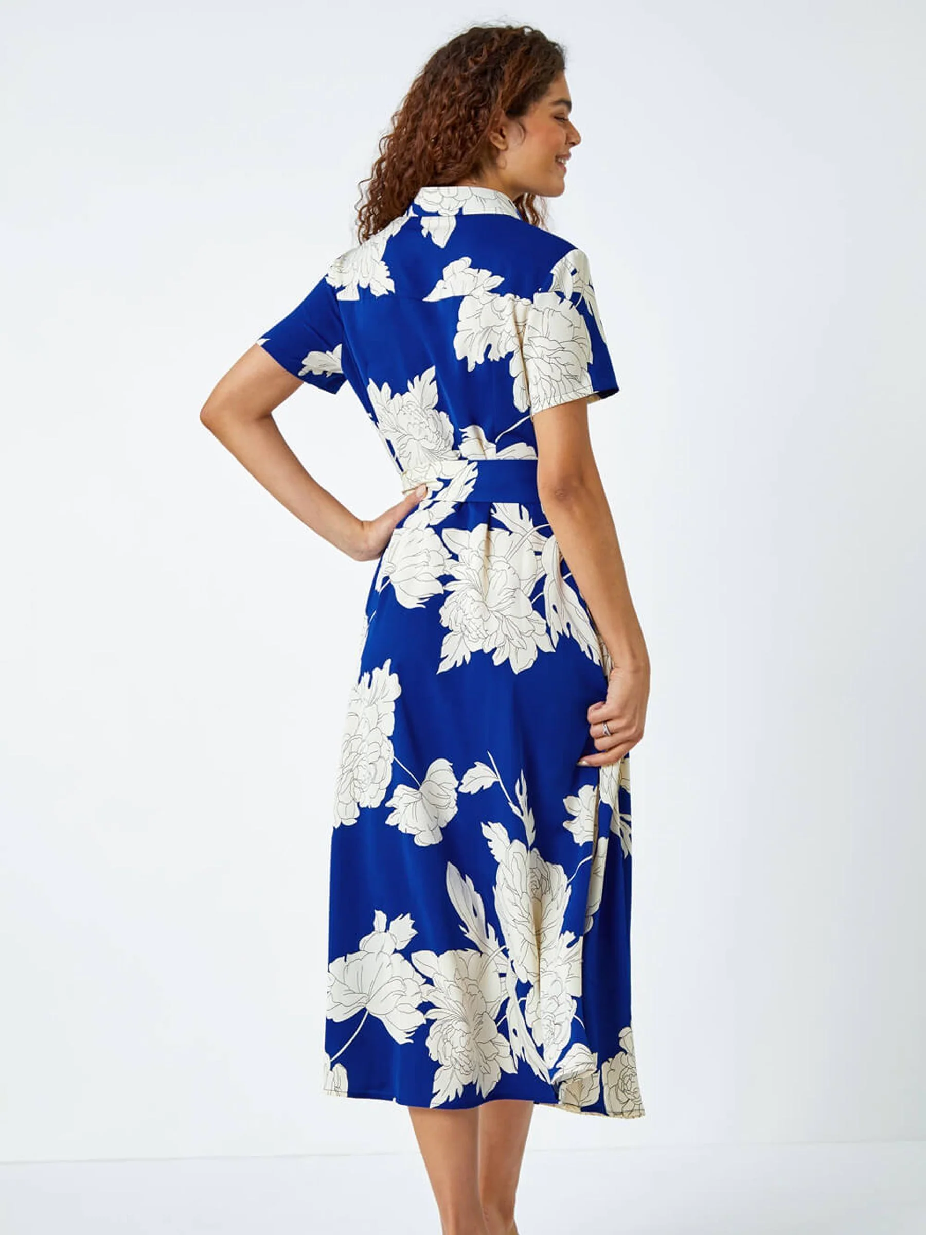 Roman Blue Contrast Floral Print Shirt Dress