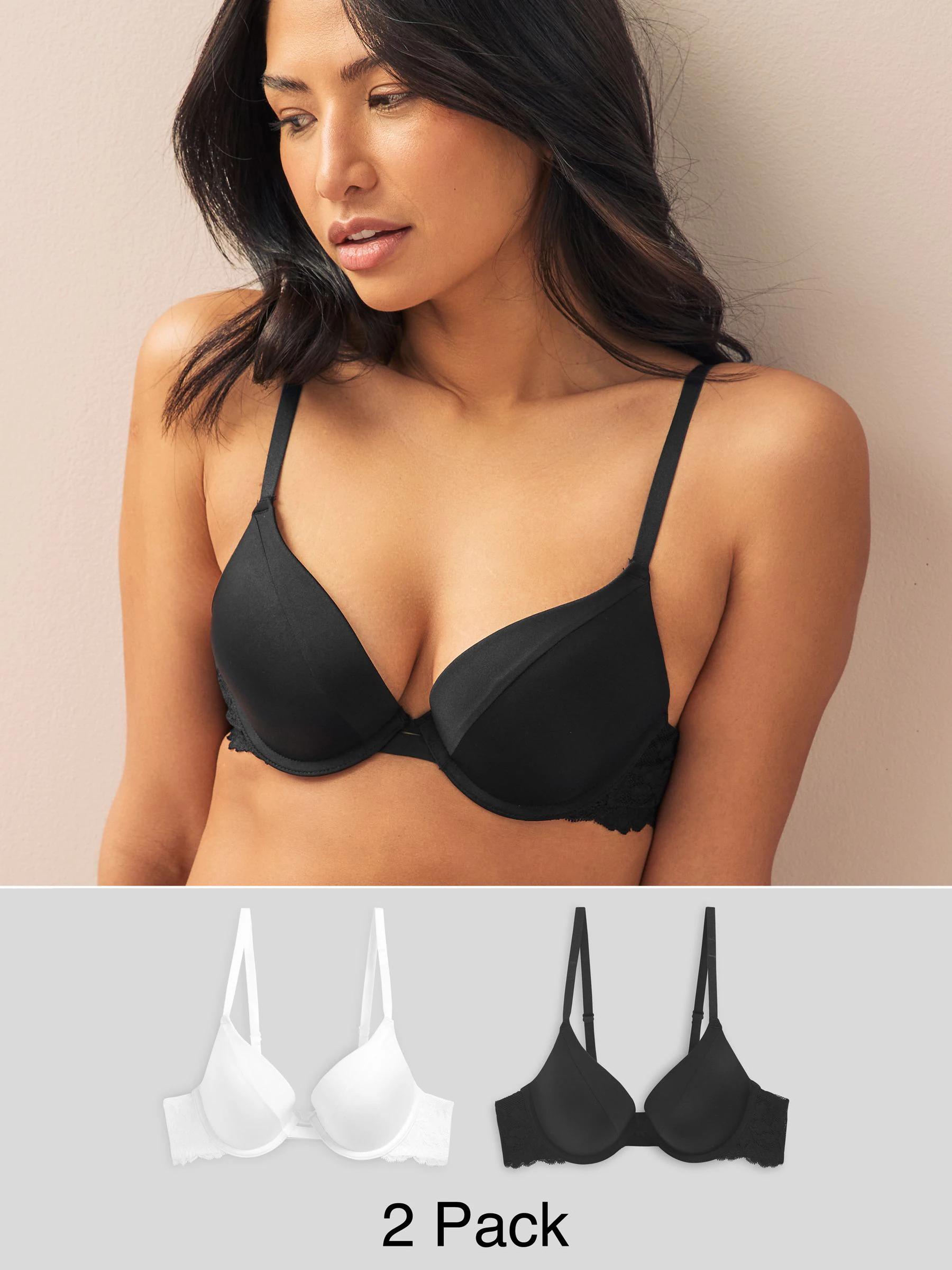 Black/White Push Up Pad Plunge A-E Smoothing T-Shirt Bras 2 Pack