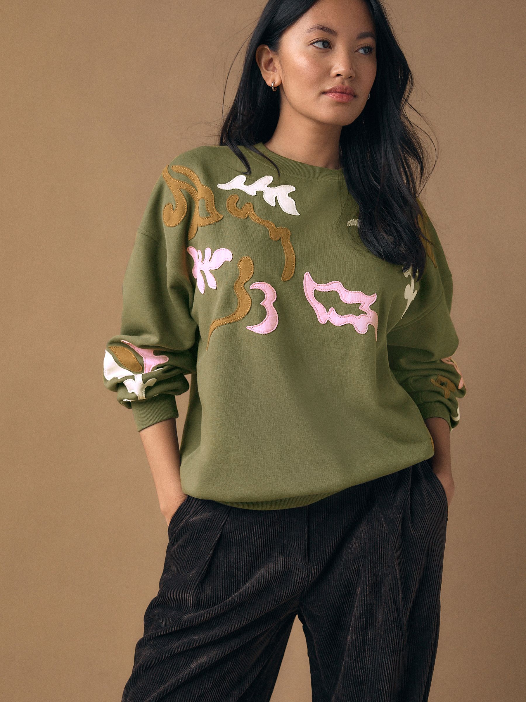 Khaki Green Sweatshirt with Appliqué Details