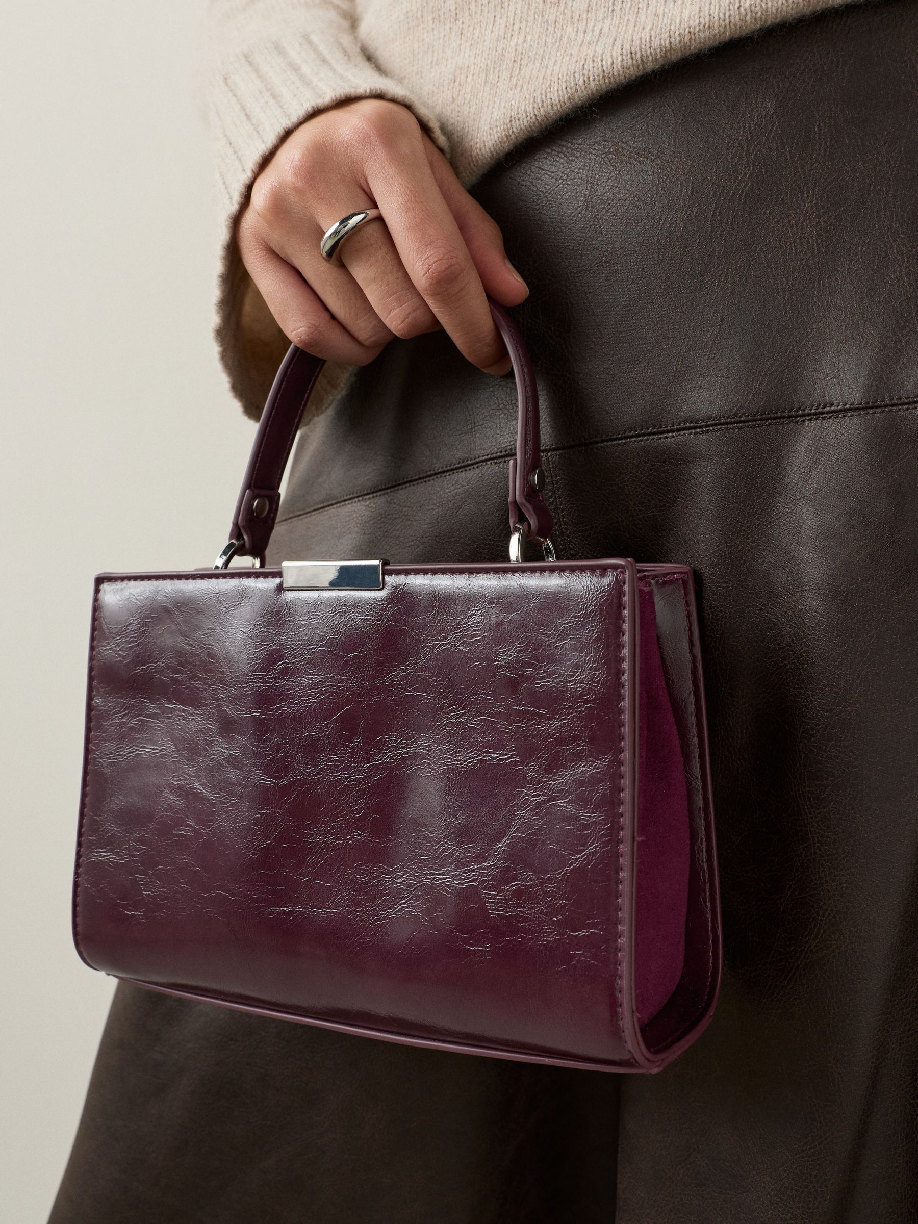 Burgundy Top Handle Croc Effect Bag