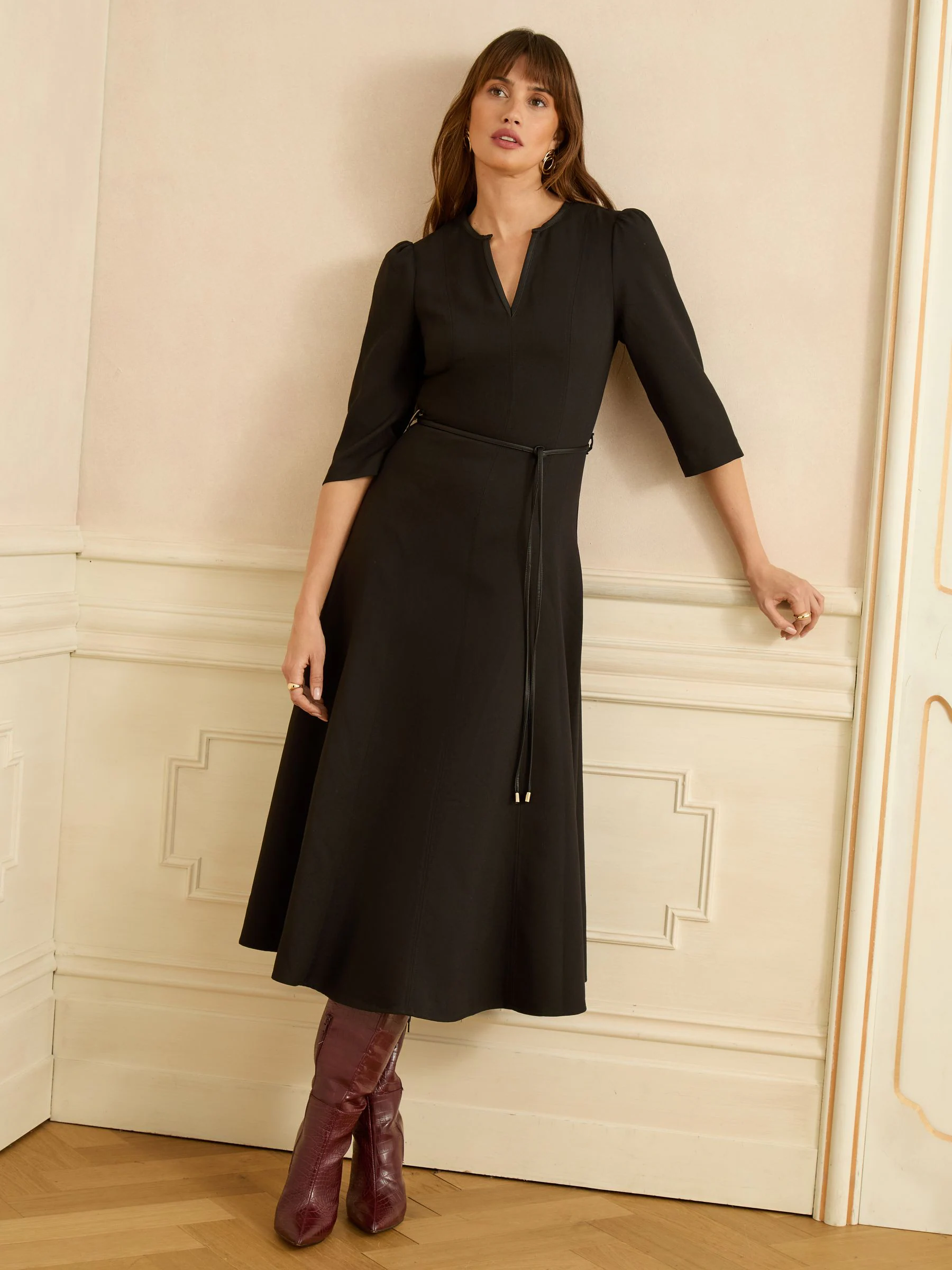 Love & Roses Black 3/4 Sleeve PU belt Midi Dress