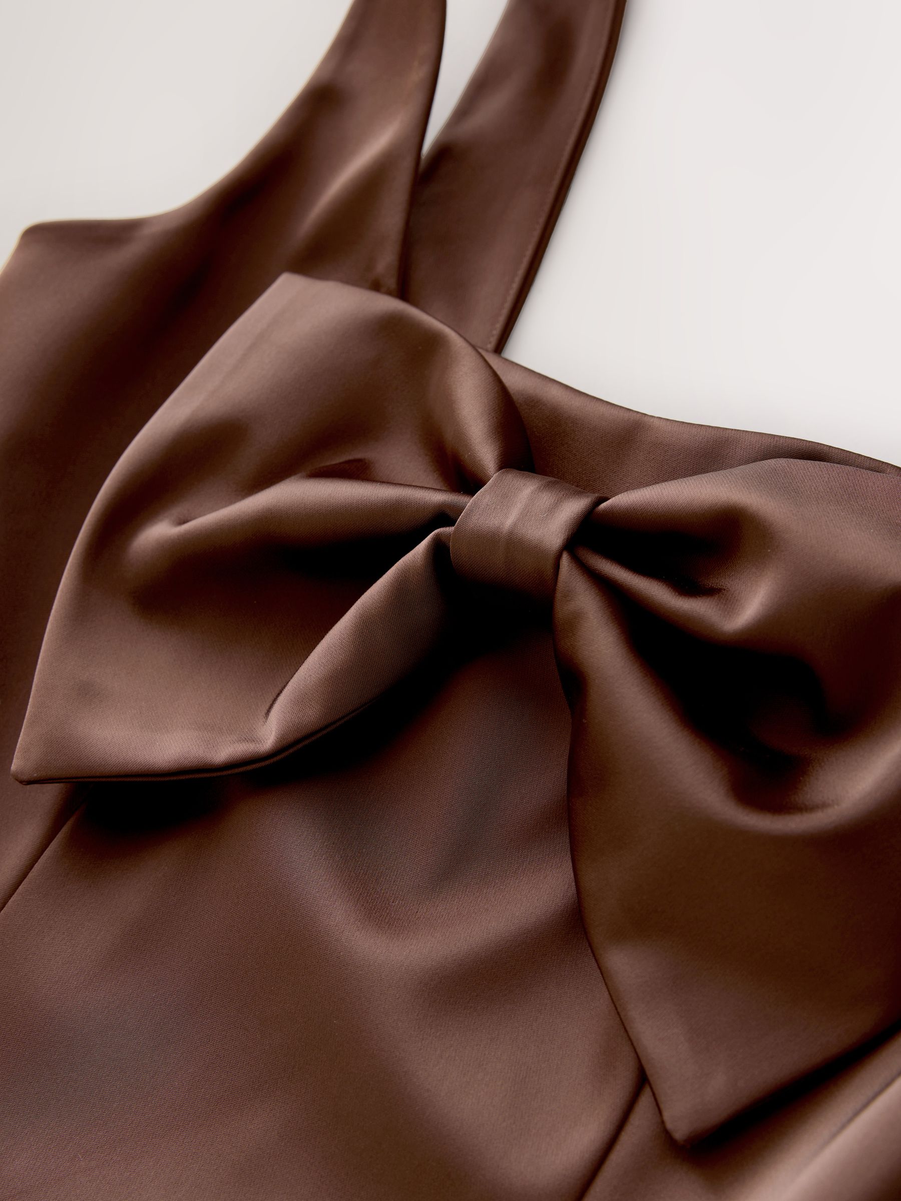Chocolate Brown Satin Bow Front Sleeveless Mini Dress