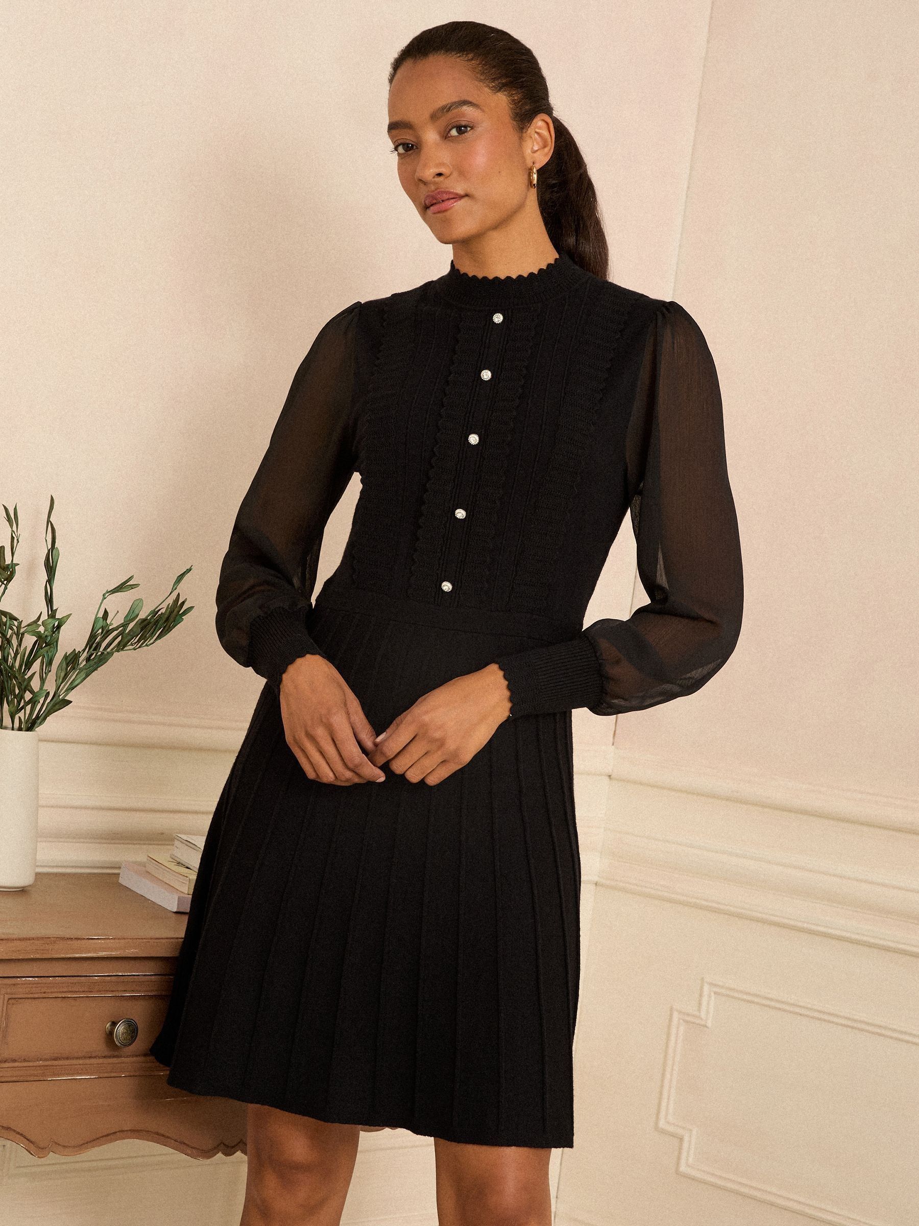 Love & Roses Black Funnel Neck Frill Neck Chiffon Sleeve Knitted Mini Dress