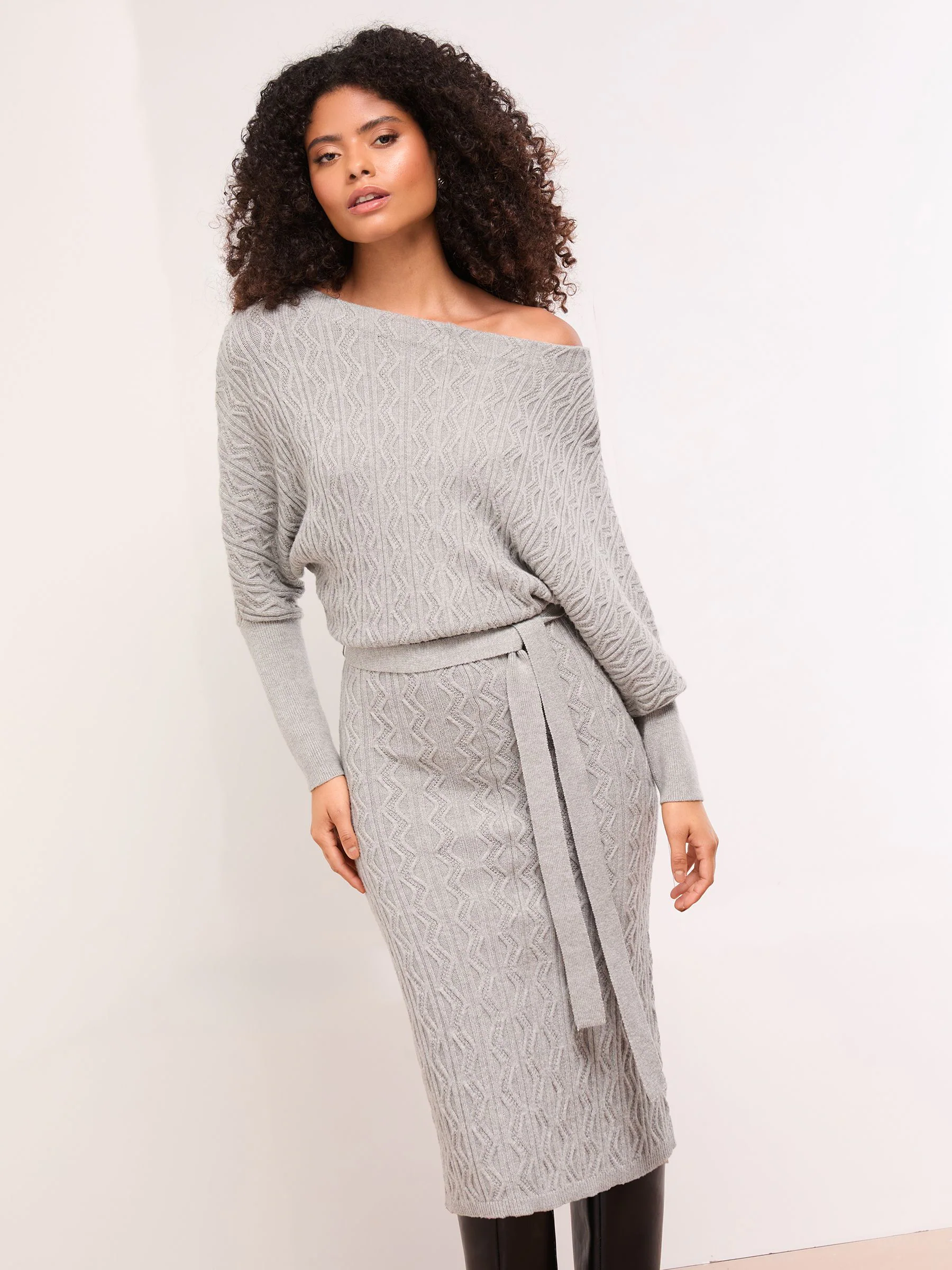 Lipsy Grey Slash Neck Belted Blouson Cable Knitted Midi Dress