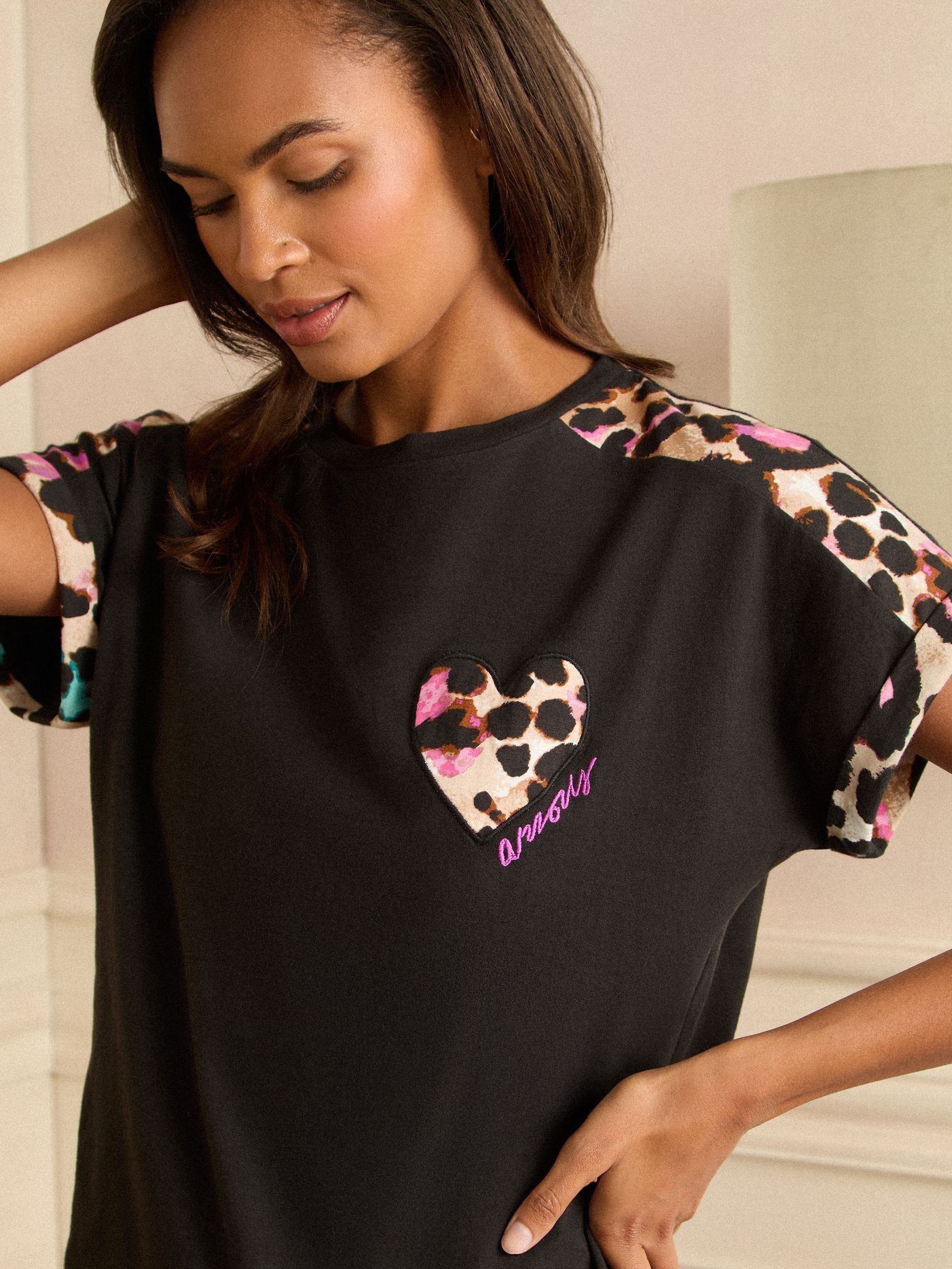 Love & Roses Brown Leopard Print Short Sleeve Printed Bottom Jersey Pyjamas Set