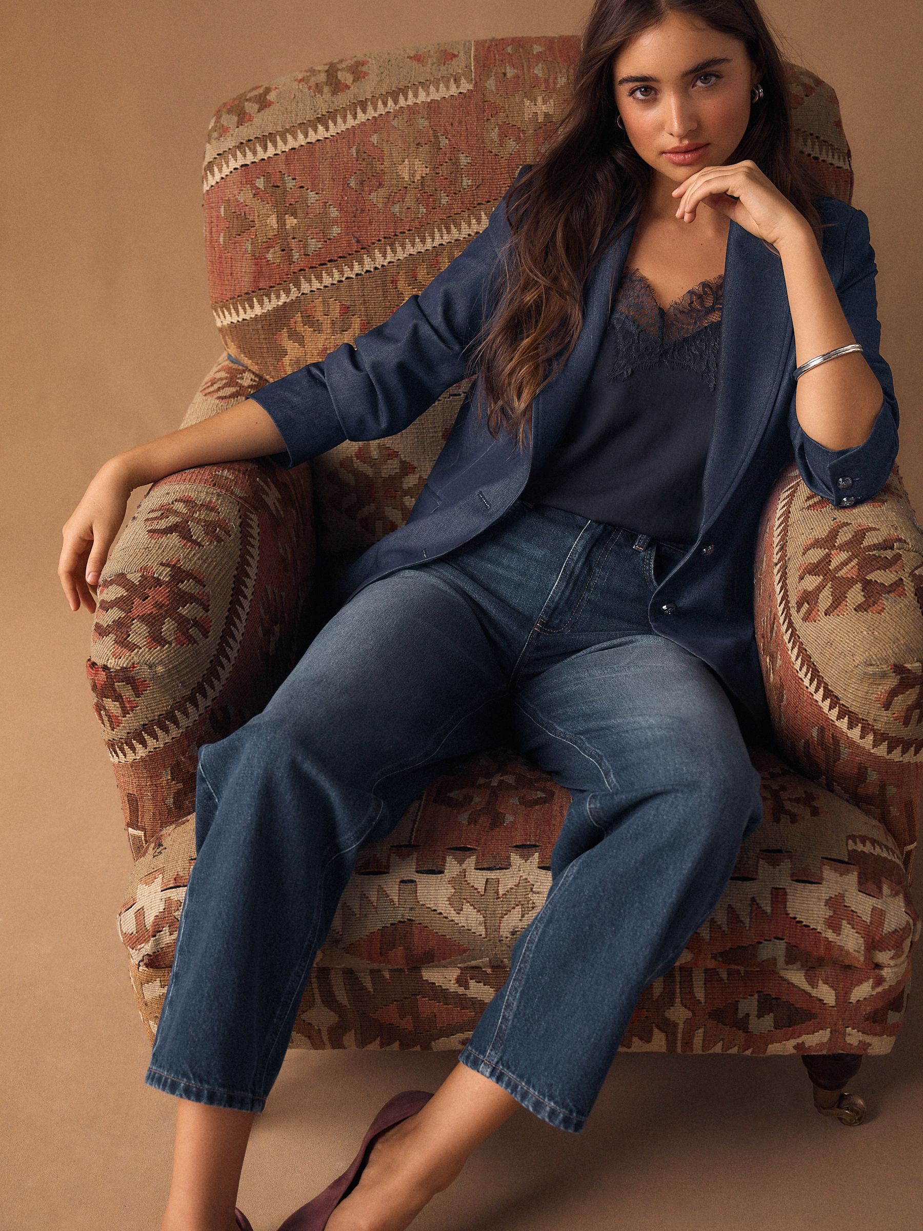 Navy Blue Denim Look Fitted Single Breasted Blazer