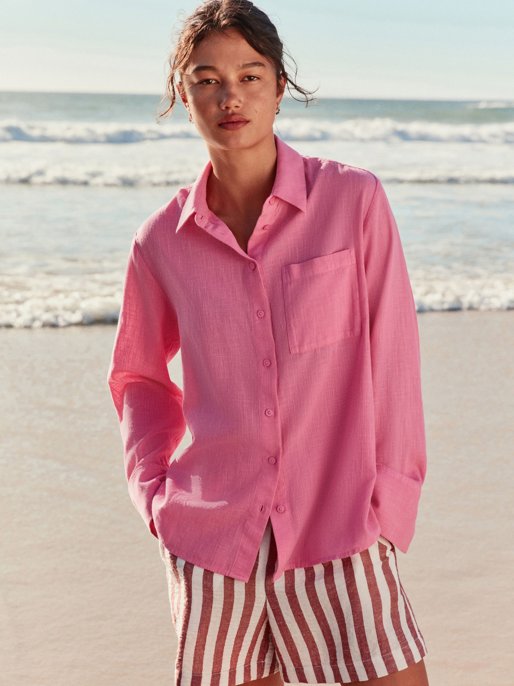 Washed Pink Relaxed Long Sleeve Shirt With Linen