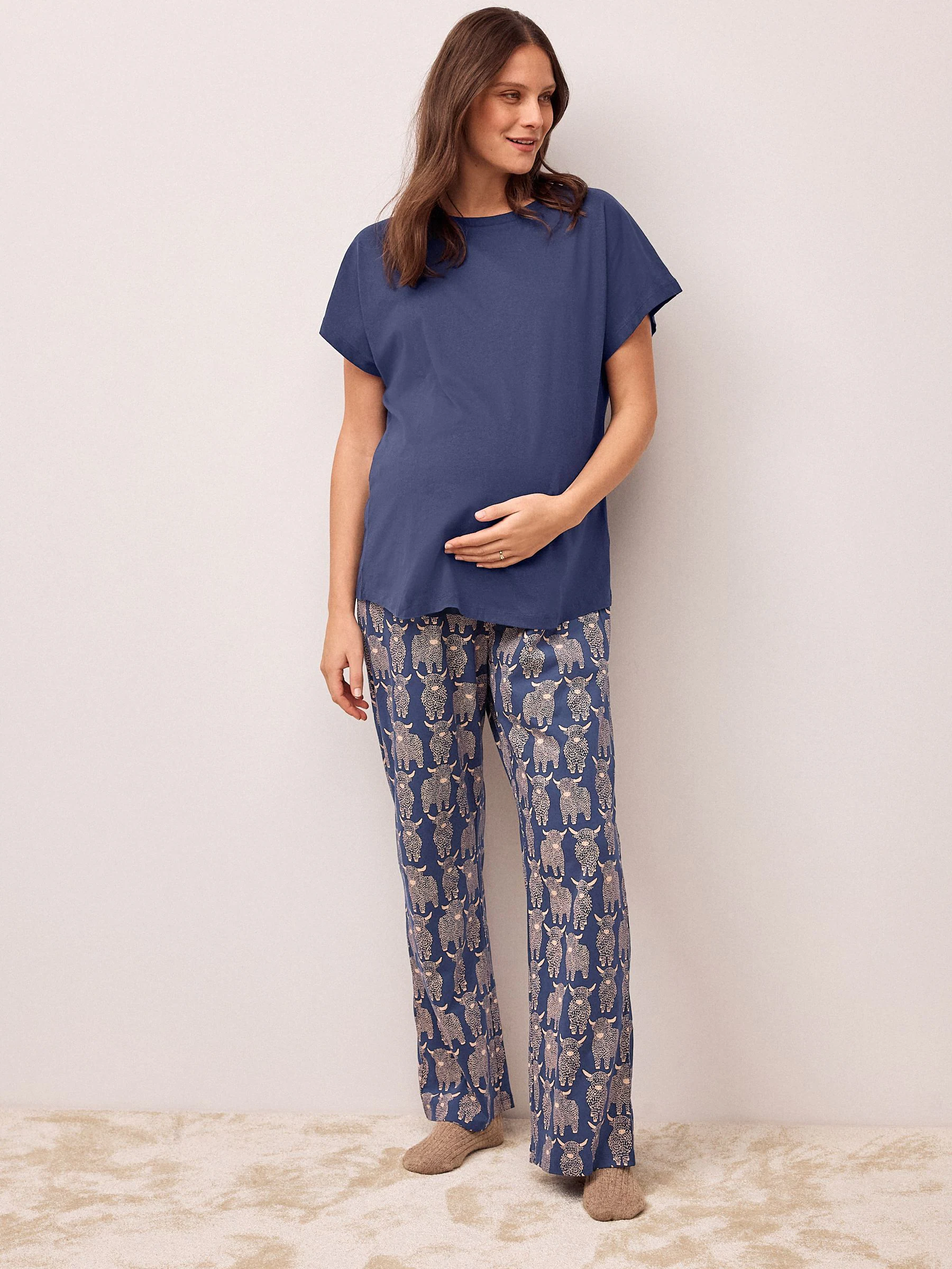 Navy Hamish The Highland Cow Maternity Short Sleeve Pyjamas