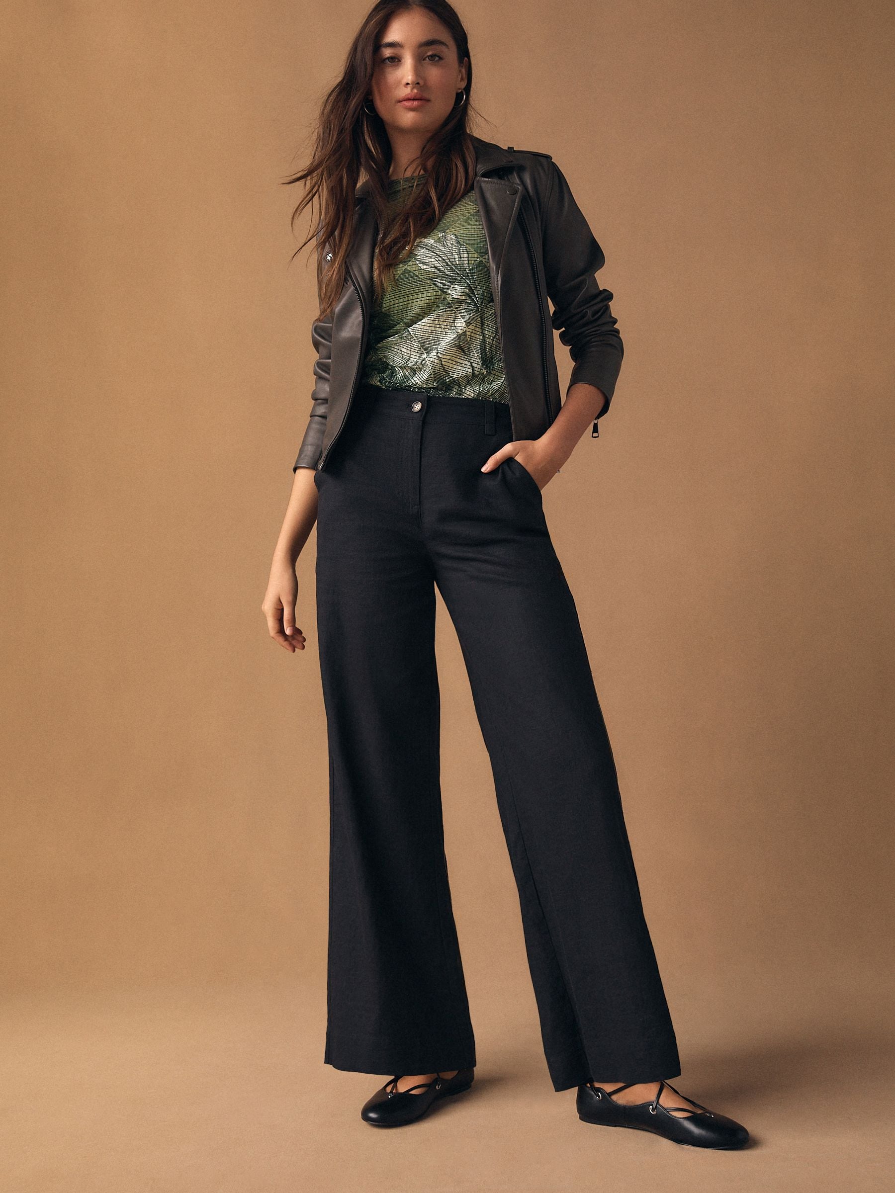 Black Smart Front Linen Blend Wide Leg Trousers