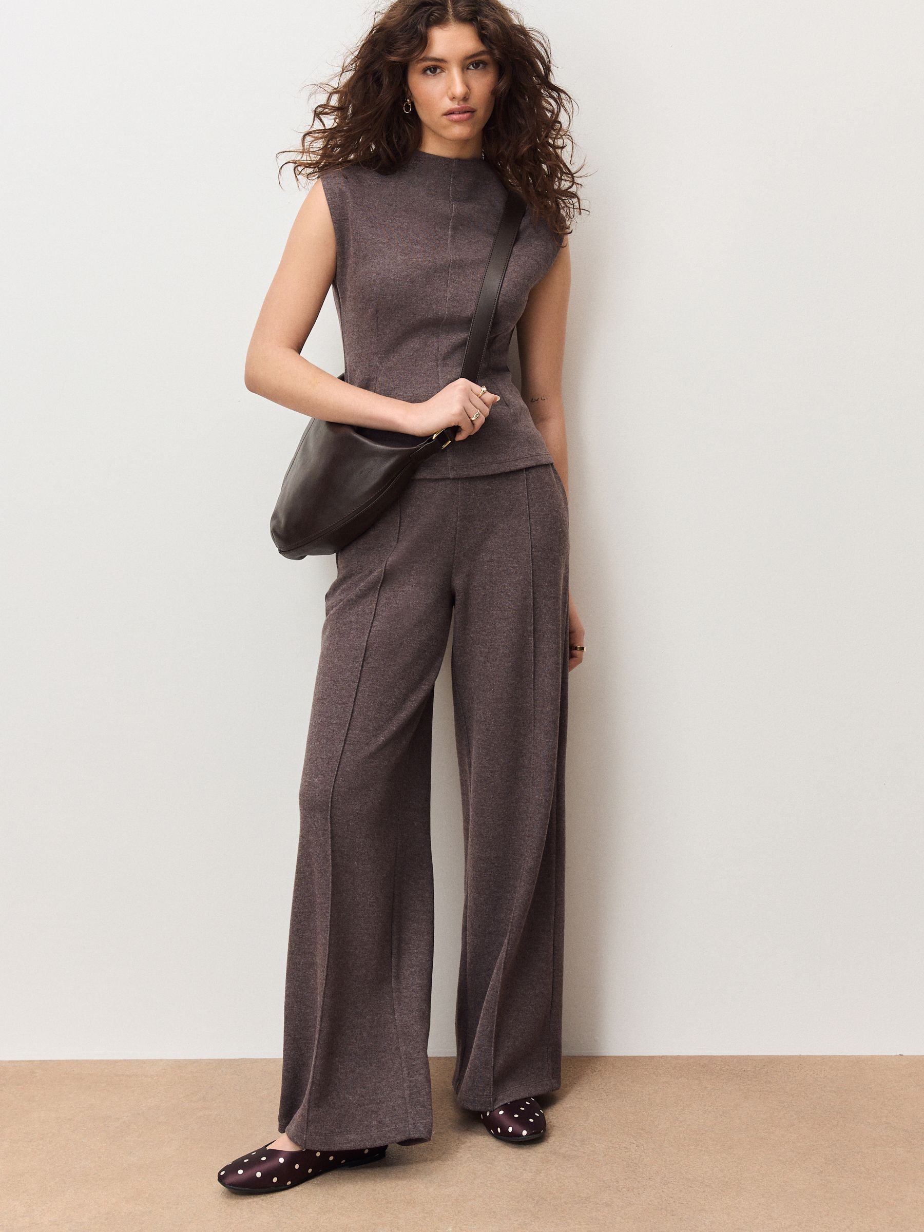 Taupe Wool Look Wide Leg Trousers