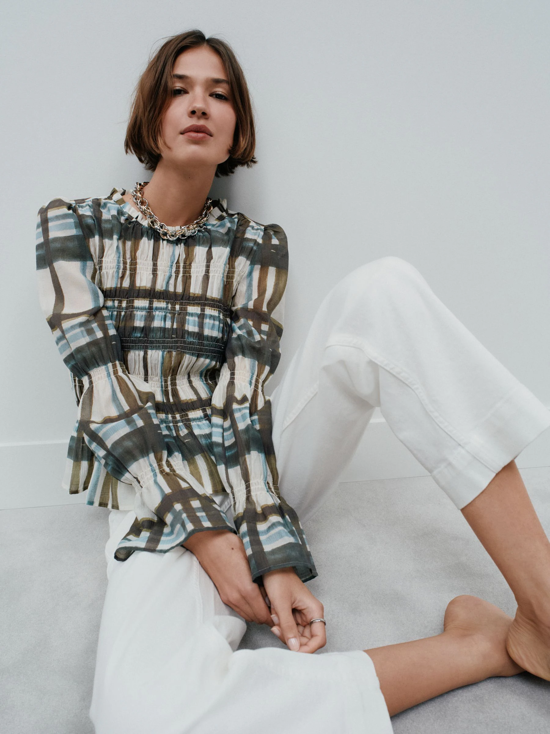 Khaki/Cream Check Sheer Smocked Long Sleeve Top