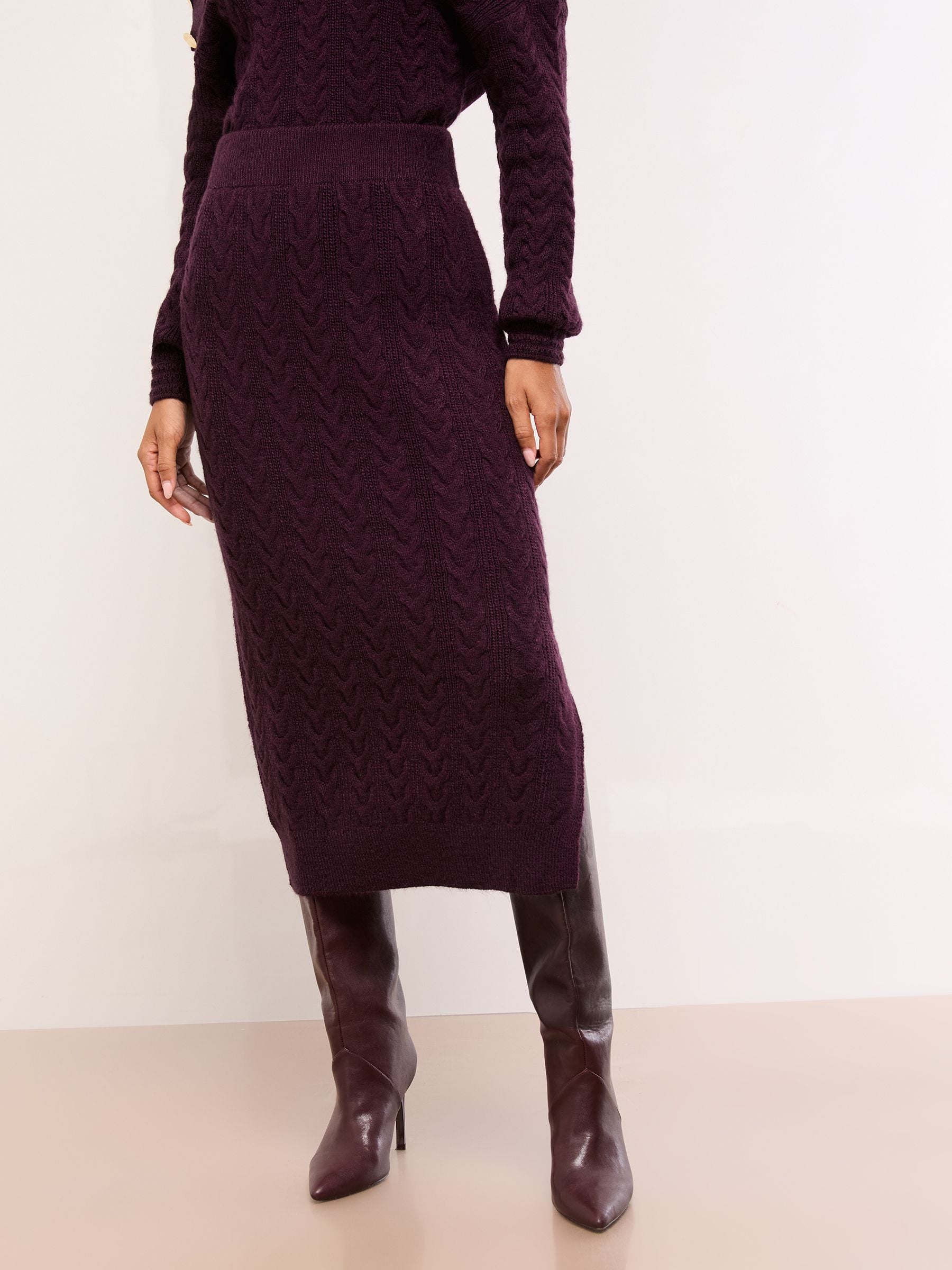 Lipsy Burgundy Red Cable Knit Co Ord Midi Skirt