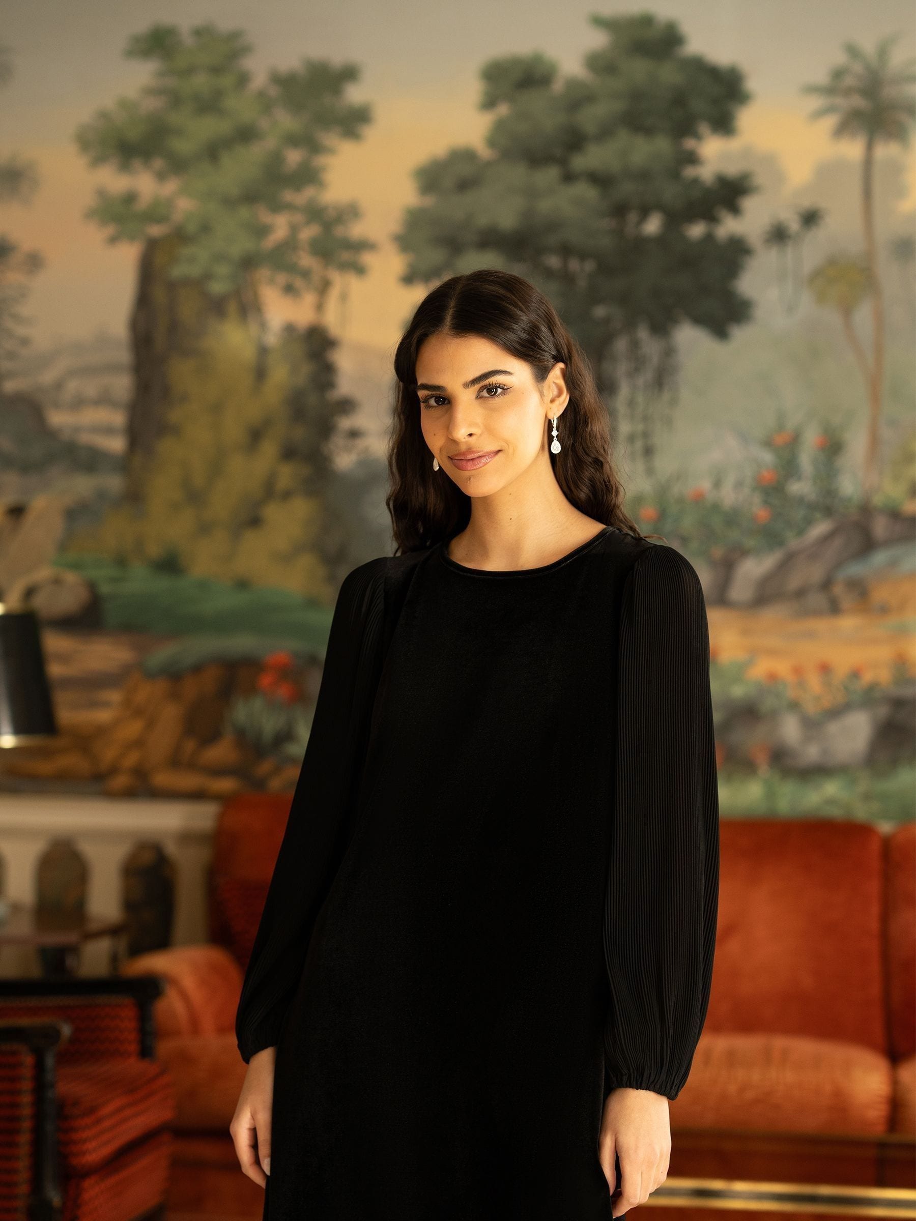 Yumi Black Tunic Dress with Pleated Balloon Sleeves And Tie Back