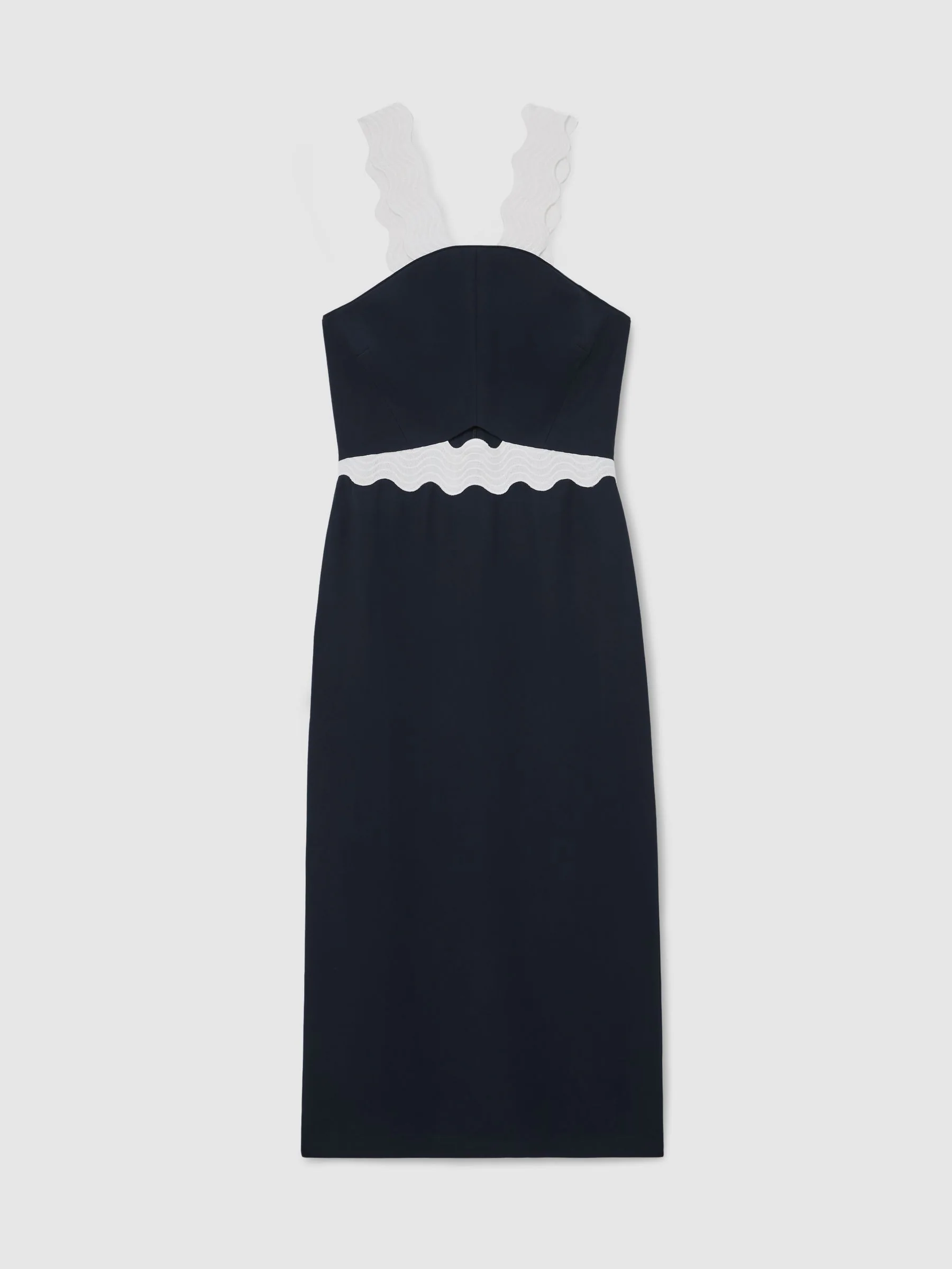 Reiss Navy/Ivory Dillon Contrast Wave-Trim Fitted Midi Dress