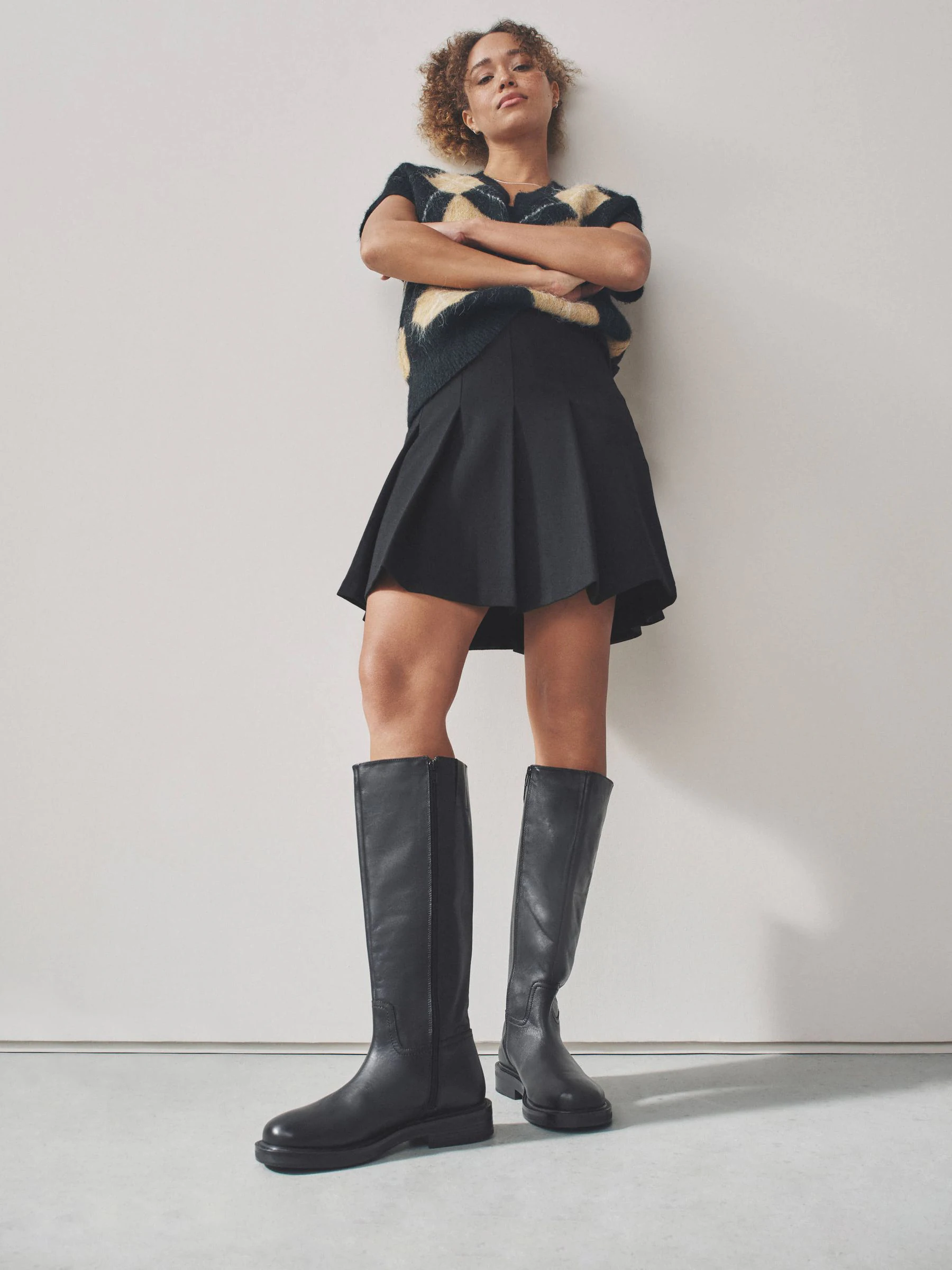 Black Forever Comfort® Leather Round Toe Chunky Knee High Boots