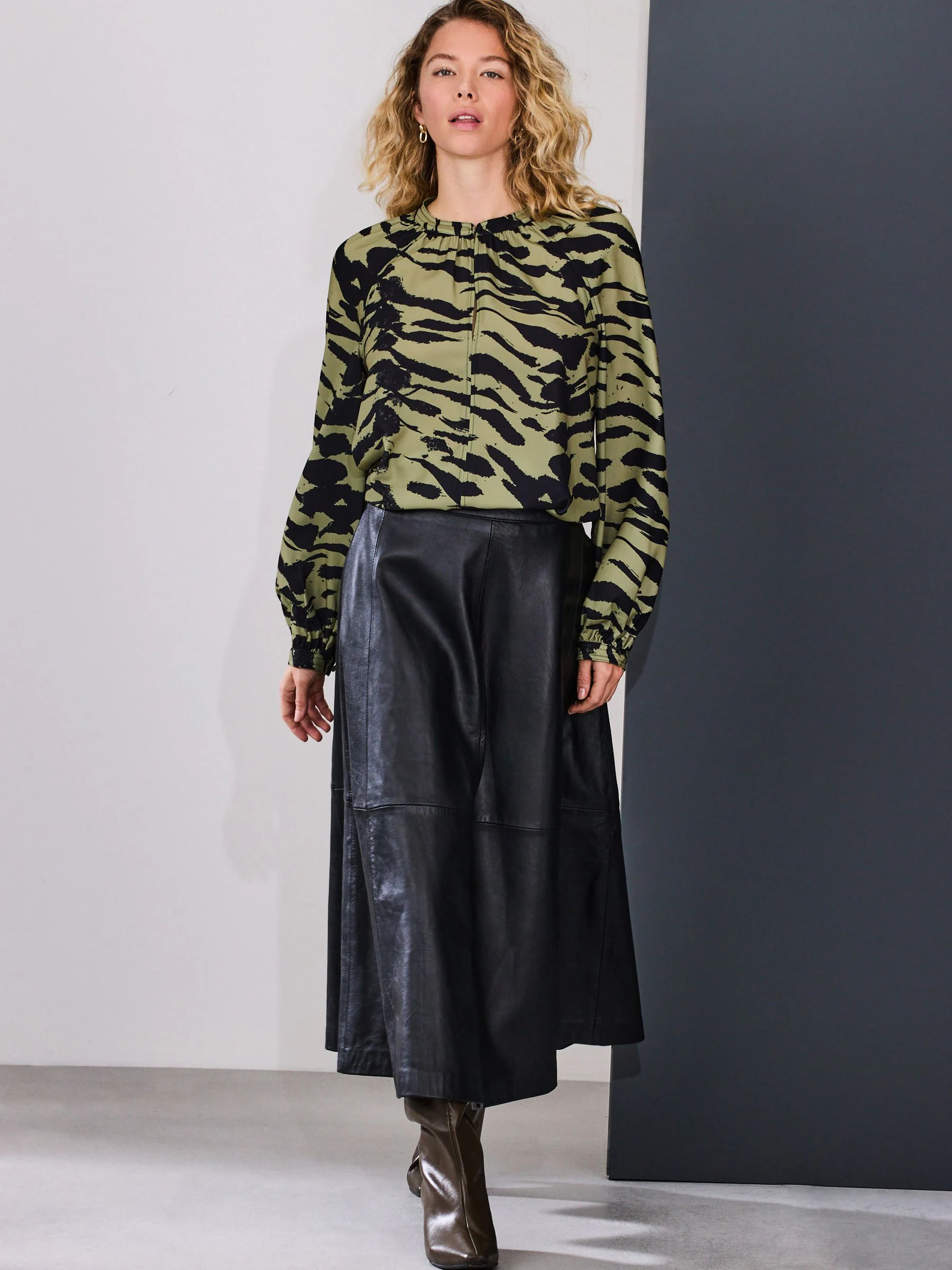 Khaki Green Animal Print Long Sleeve V-Neck Blouse