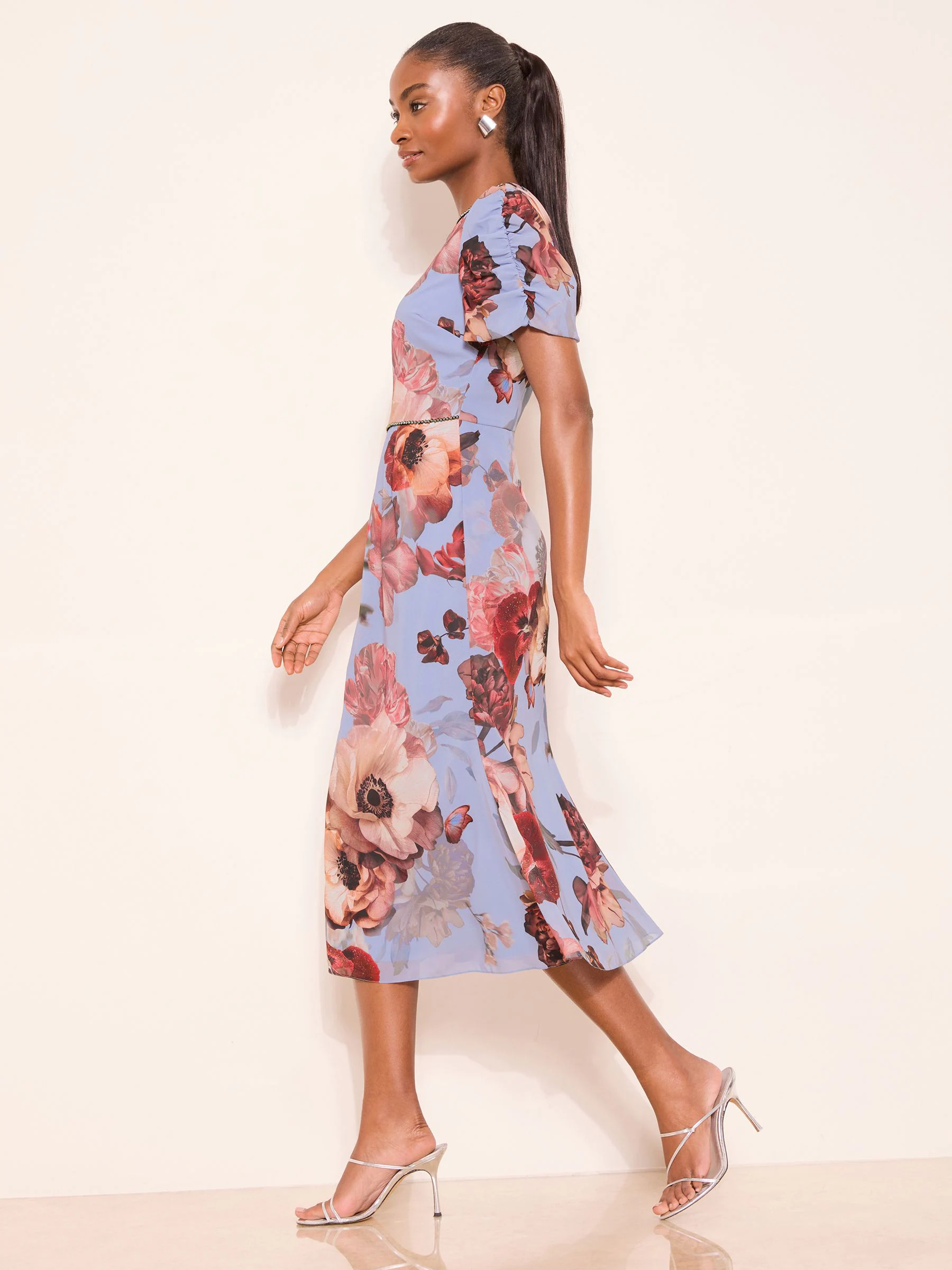 Lipsy Blue Bead Trim Floral Print Fit And Flare Midi Dress