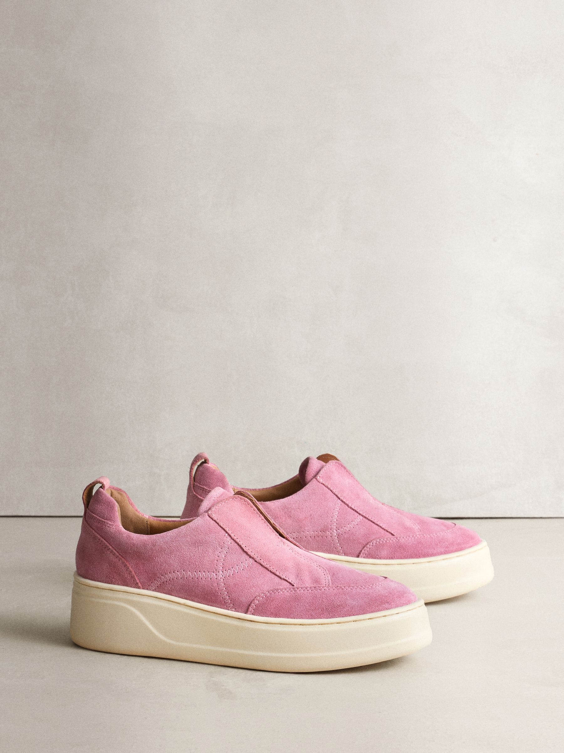 Pink Suede Signature Leather Chunky Wedge Platform Trainers