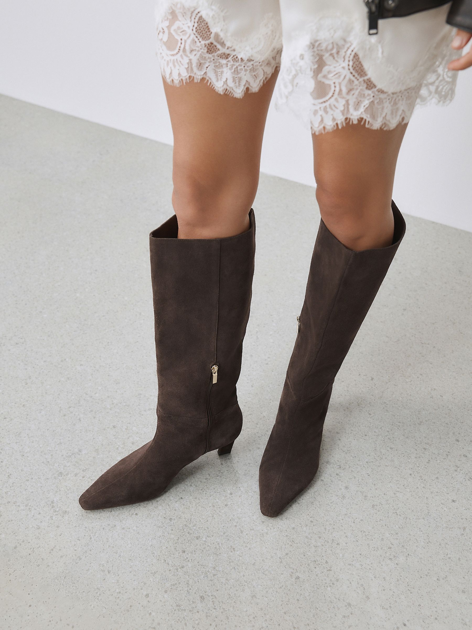 Chocolate Brown Suede Forever Comfort® Knee High Chisel Toe Heeled Boots