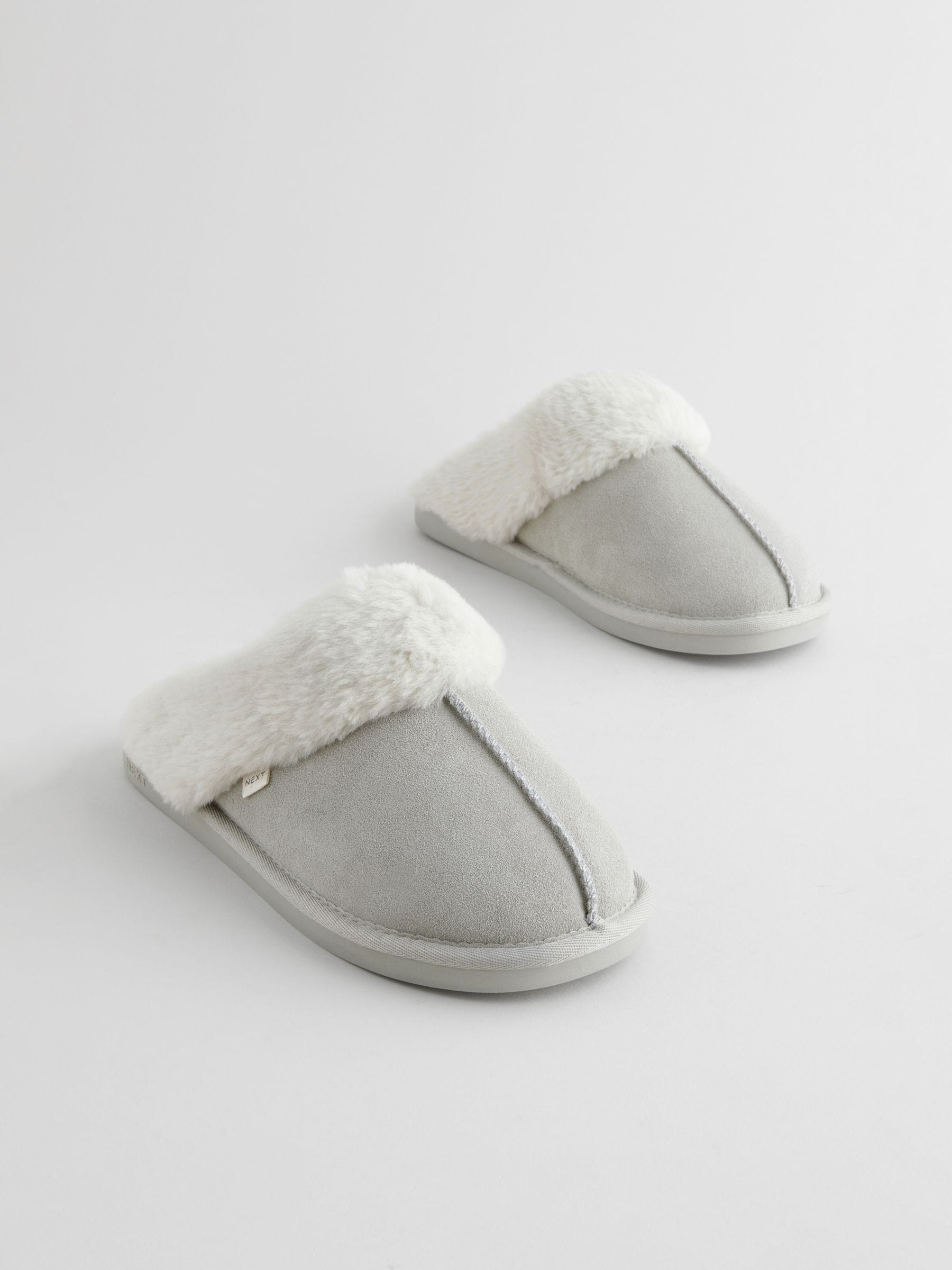 Grey Suede Faux Fur Mule Slippers