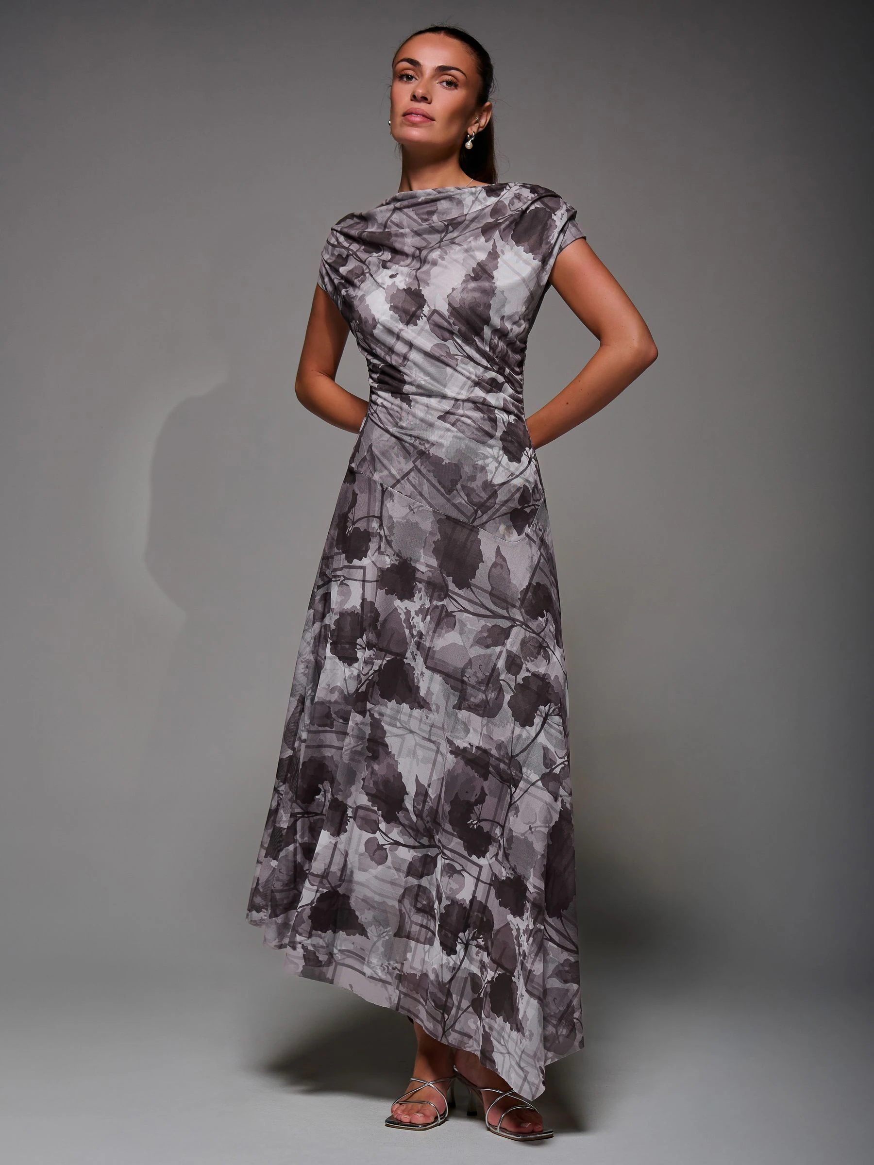 Jolie Moi Grey Asymmetrical Draped Slash Neck Midaxi Dress