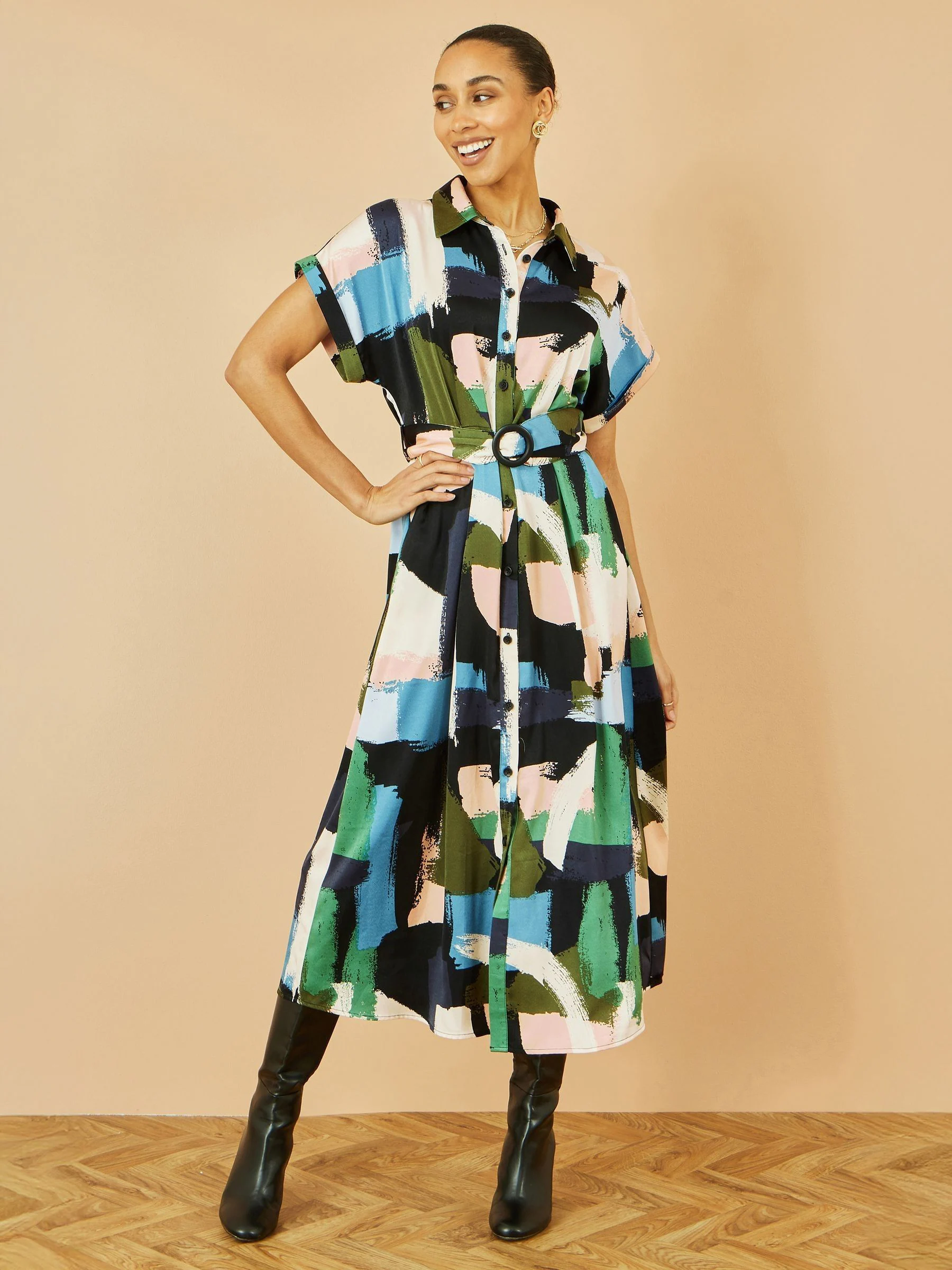 Yumi Black Relaxed Brushstroke Print Midi Shirt Dress
