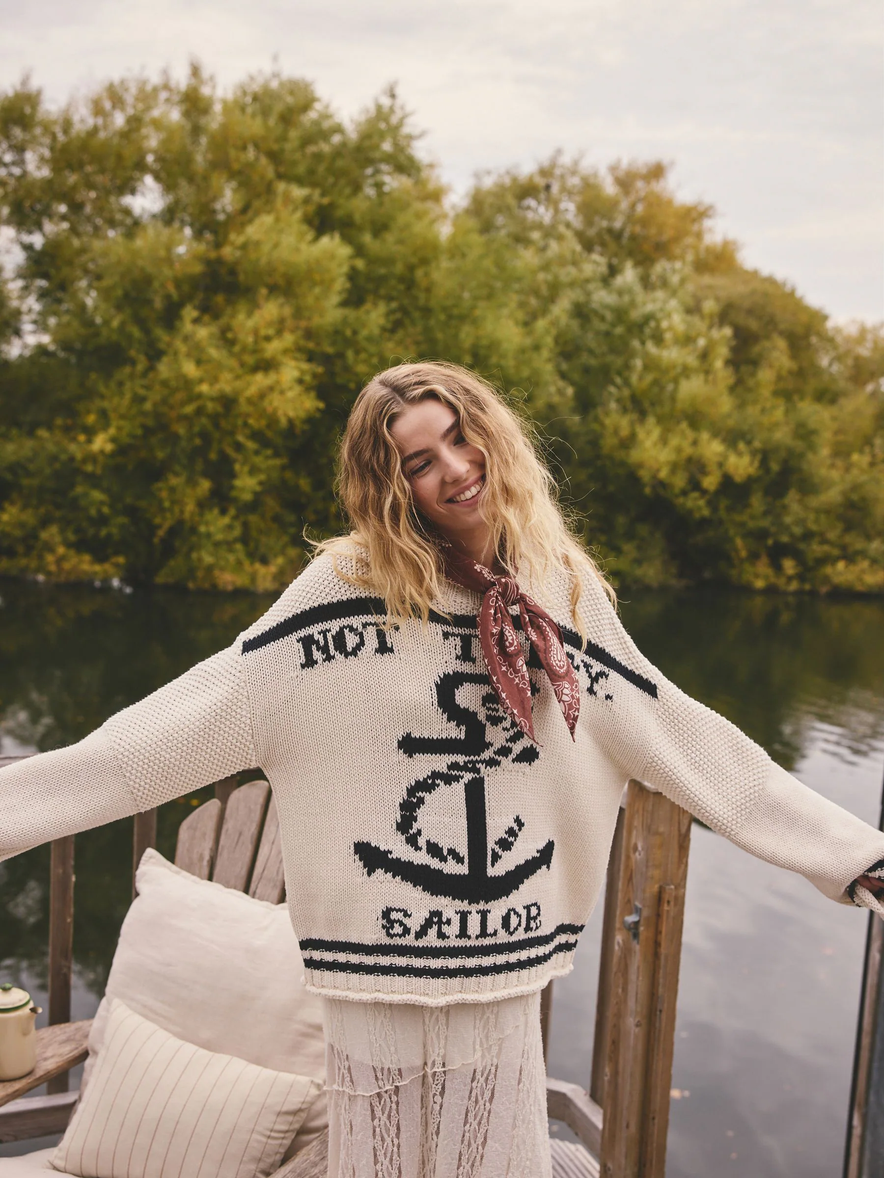 White/Blue Knitted Sailor Slogan Jumper