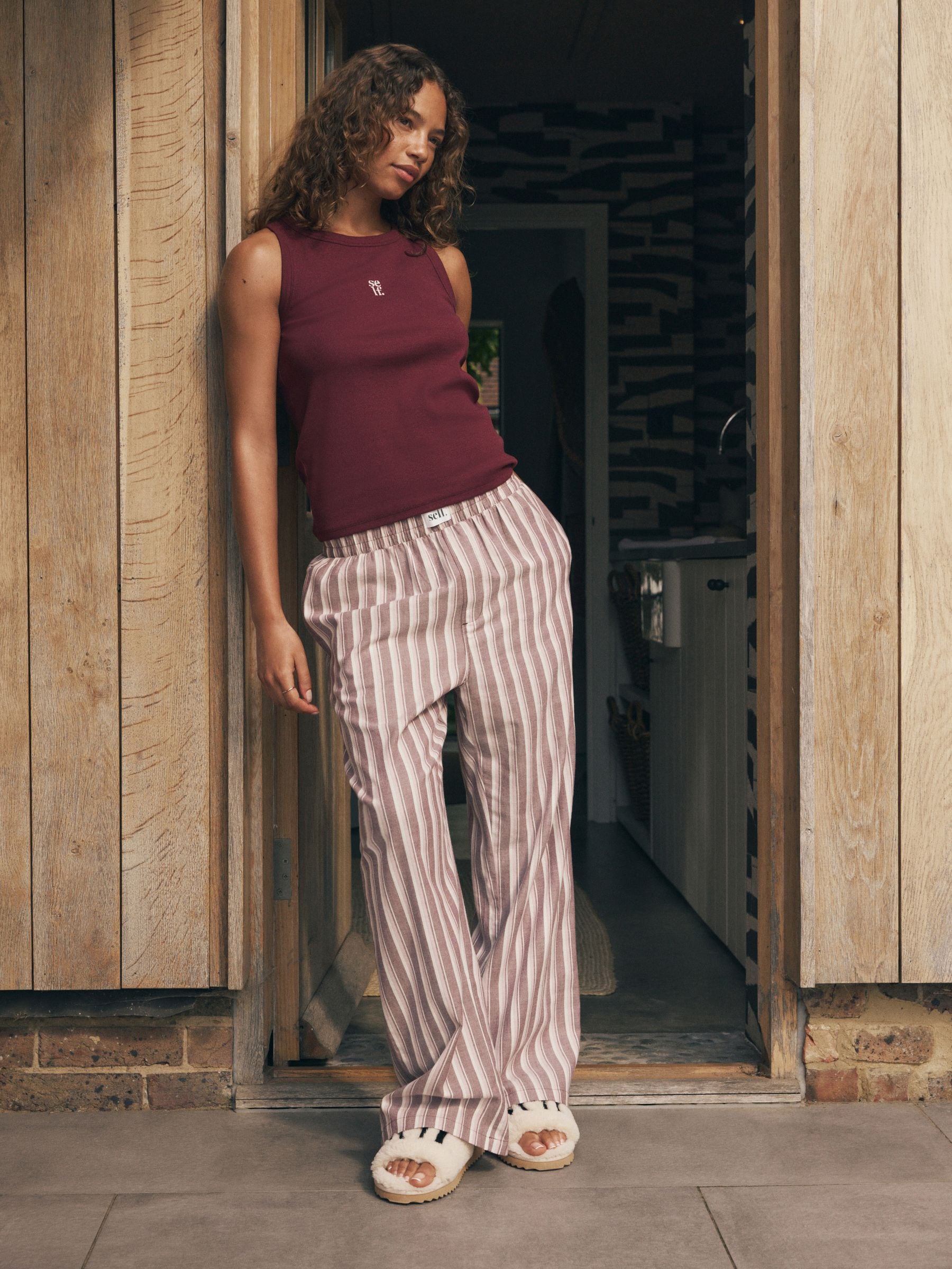 self. Burgundy Red Stripe Ribbed Vest Top and Long Leg Pyjamas Set