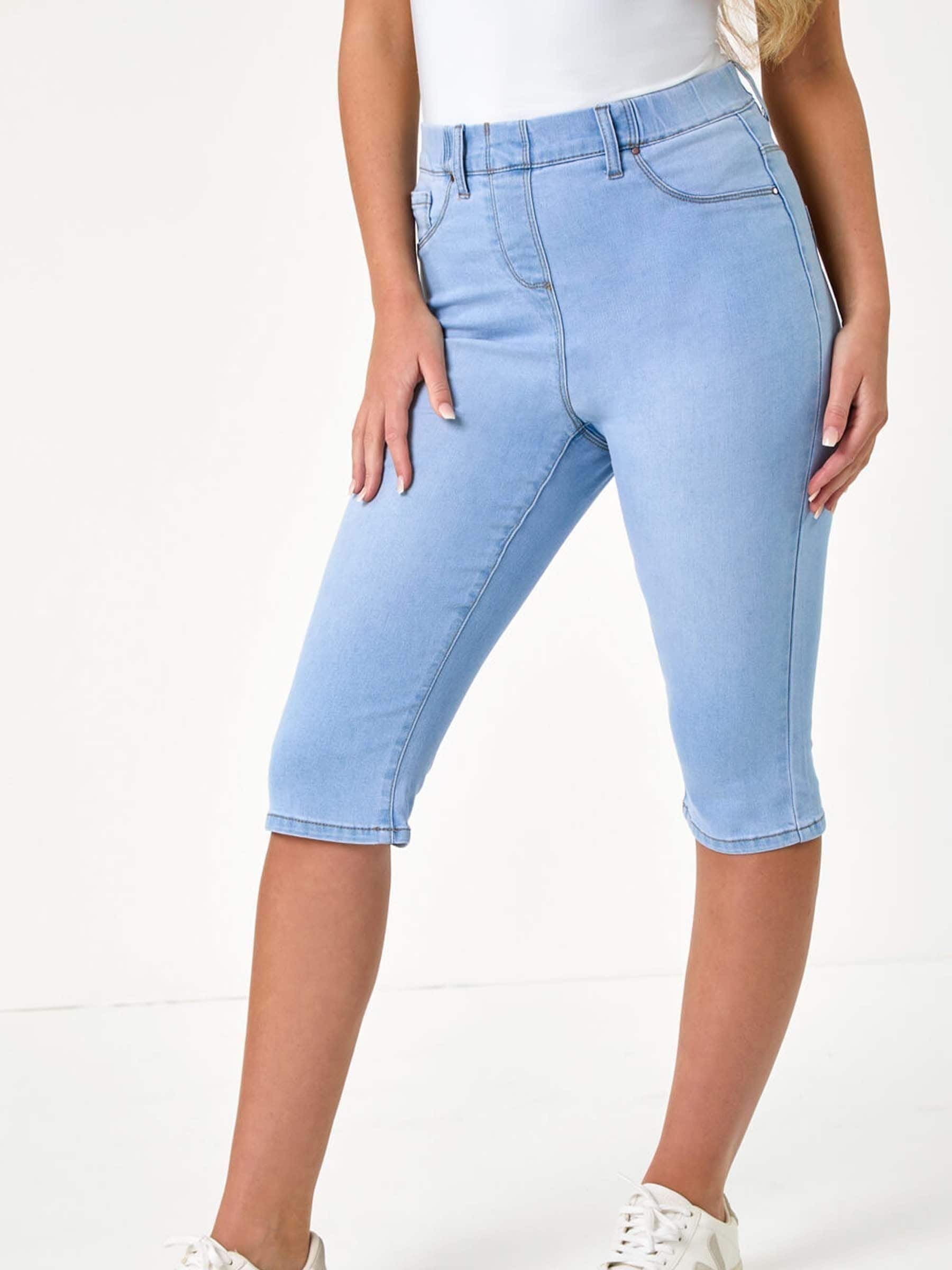 Roman Blue Stretch Knee Length Pedal Pusher Shorts