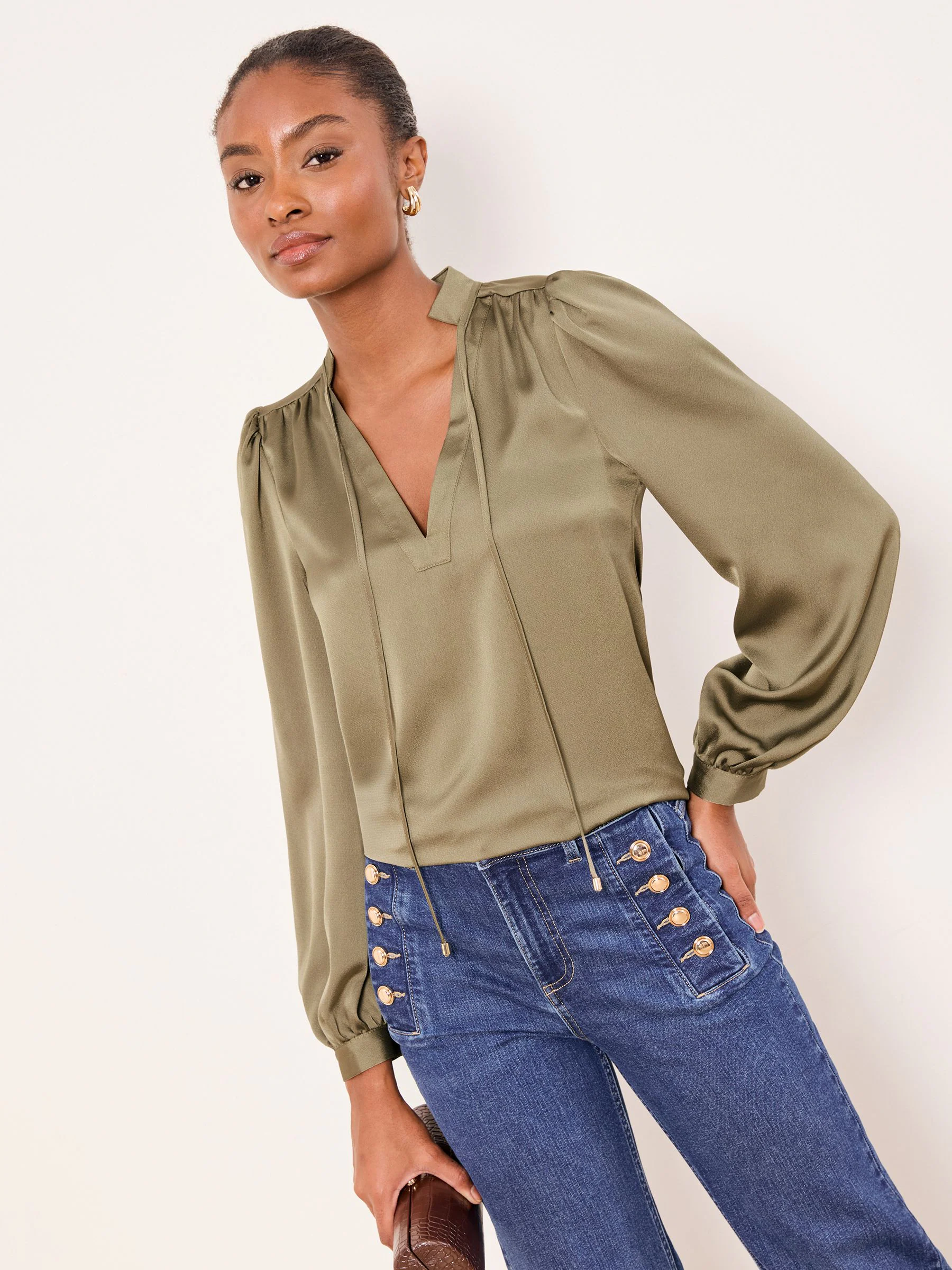 Lipsy Khaki Green Satin V-Neck Tie Blouse