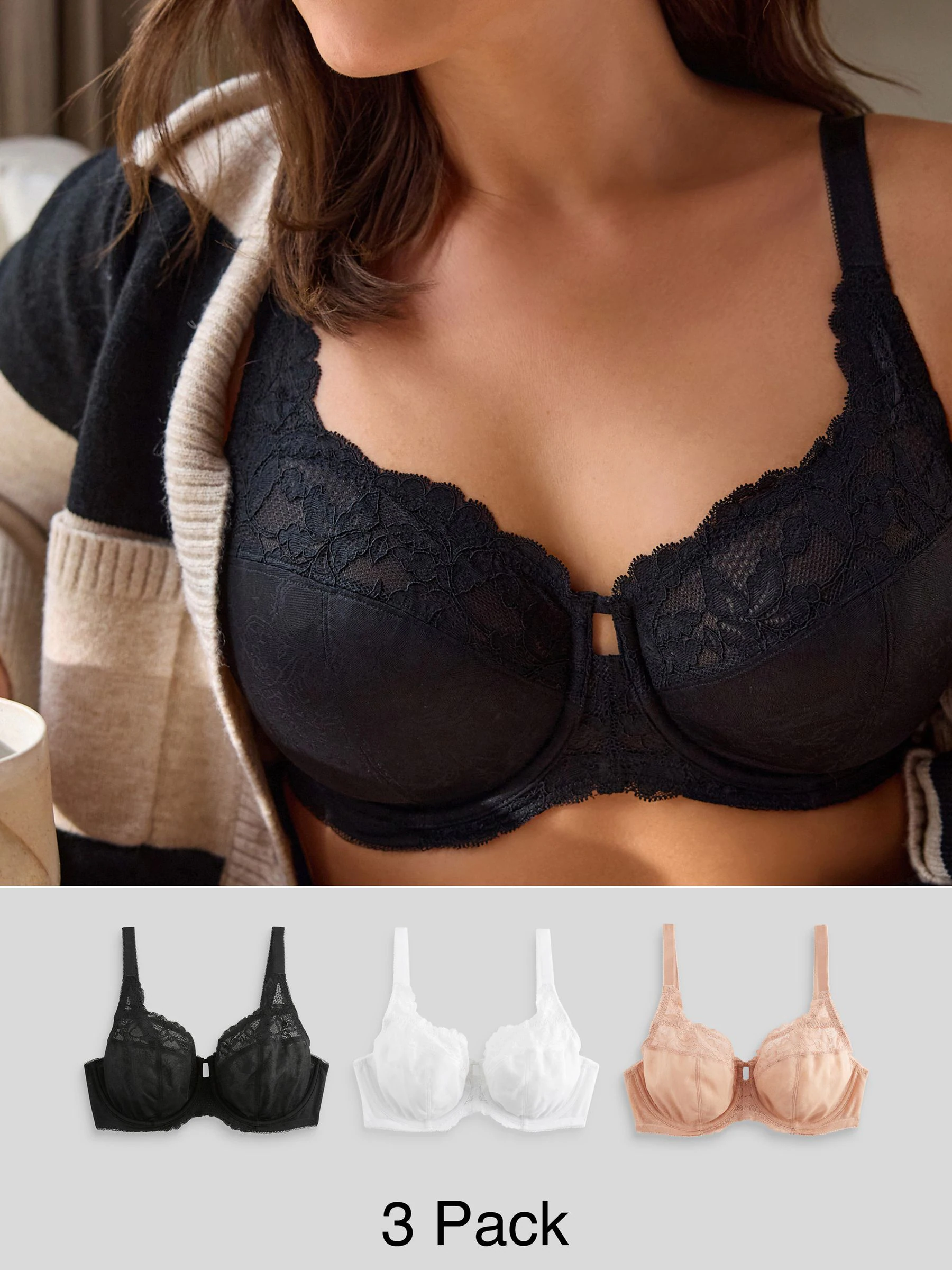 Black/White/Praline Nude DD+ Lace Trim Non Pad Full Cup Underwired Bras 3 Pack