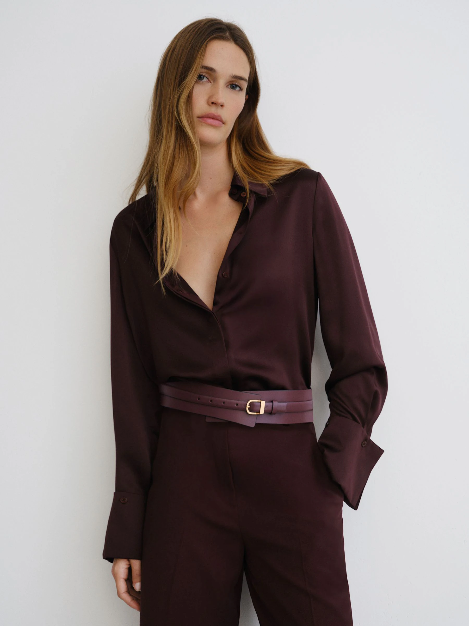 Reiss Burgundy Odell Leather Double-Strap Corset Waist Belt