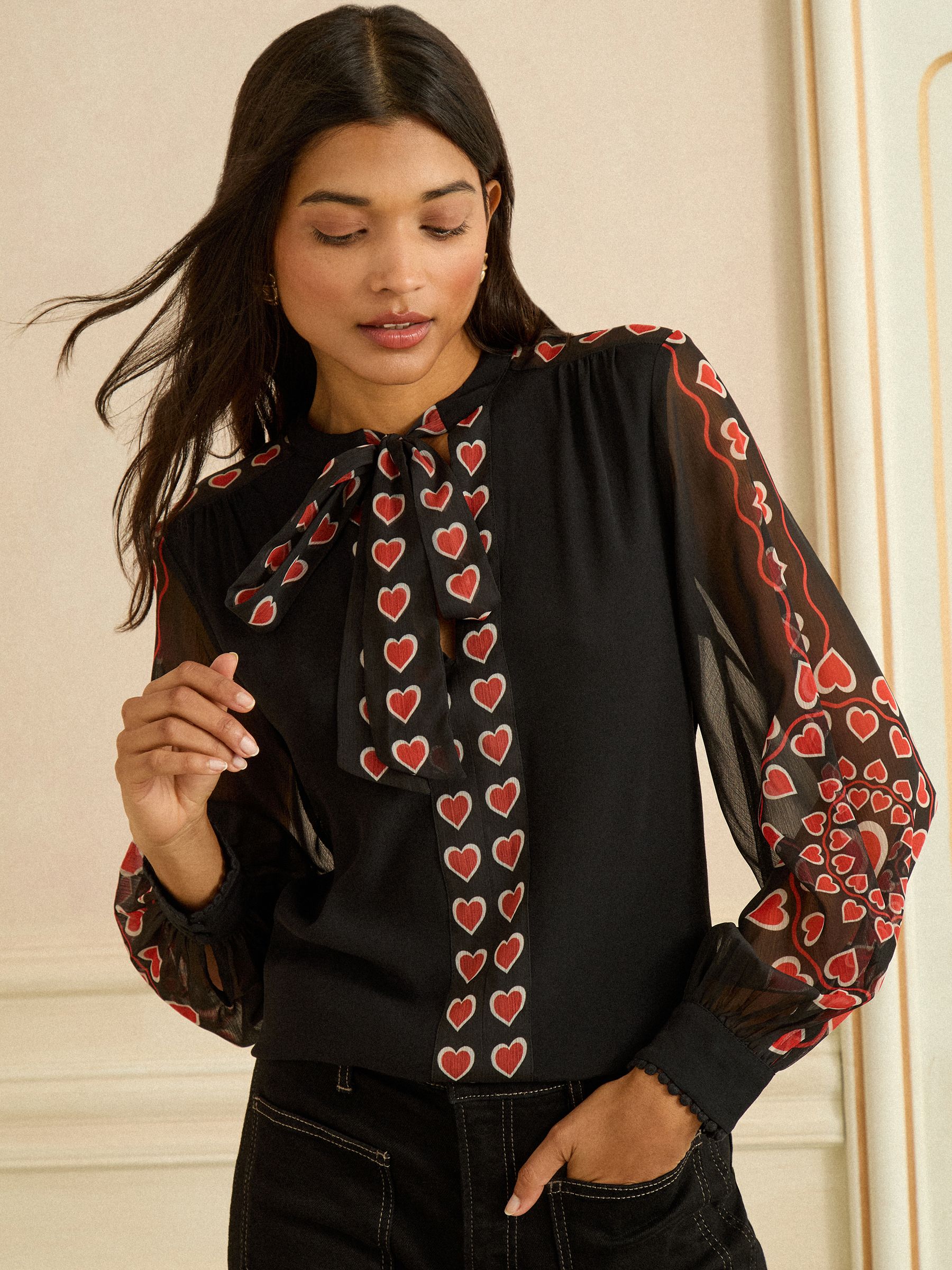 Love & Roses Black Red Heart Long Sleeve Pussybow Blouse