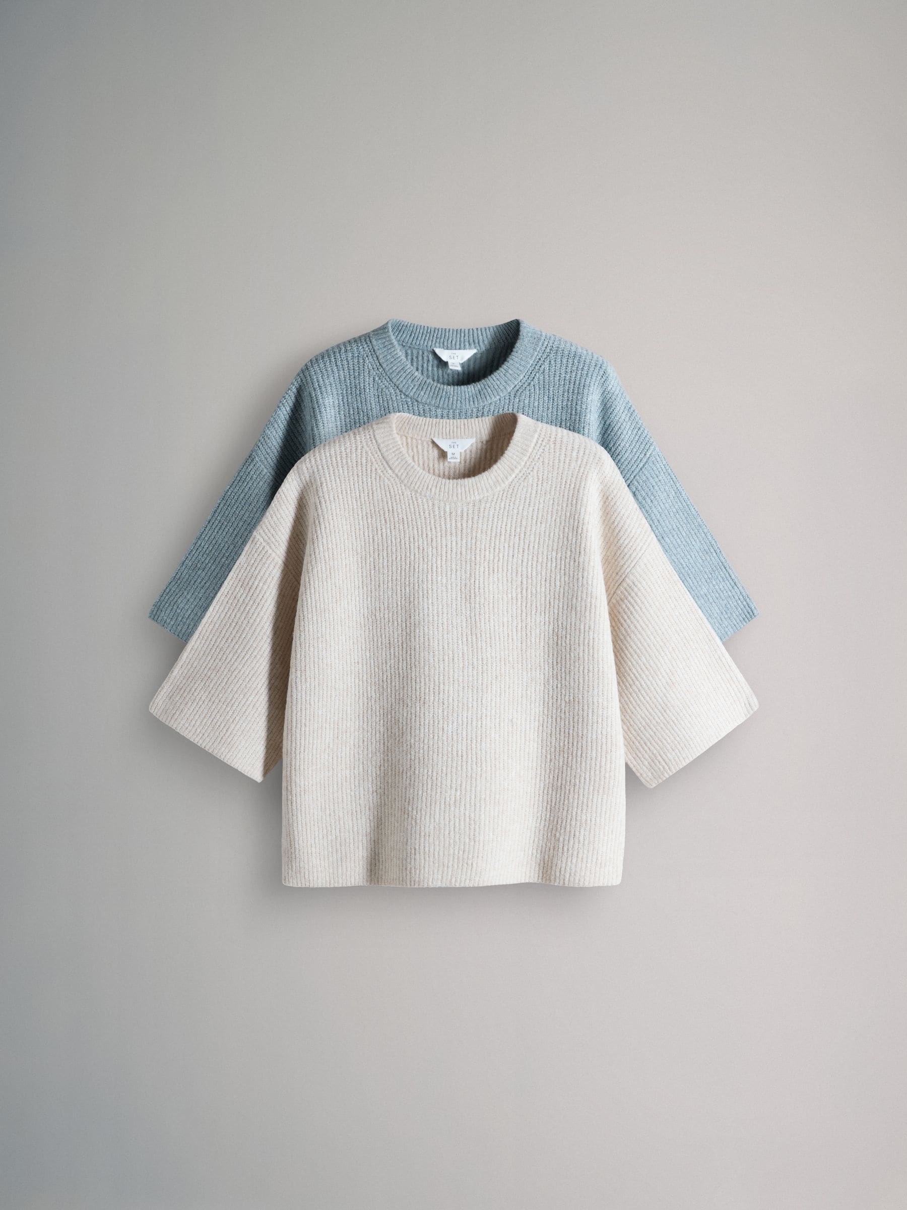 The Set 2 Pack Chunky Ribbed Knitted T-Shirts With Wool Soft Blue/Neutral Cream