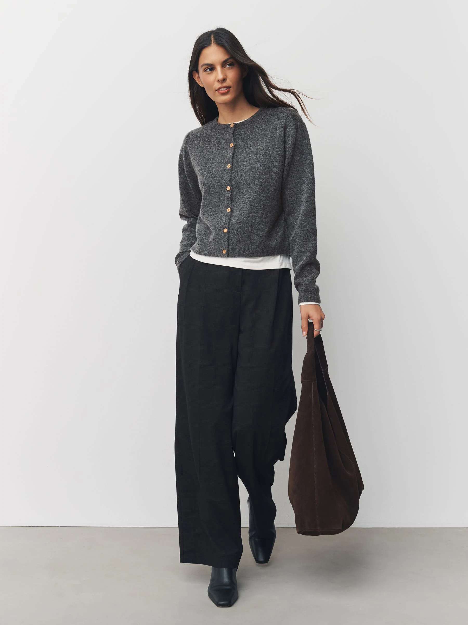 Dark Grey Crew Neck Knitted Cardigan With Wool