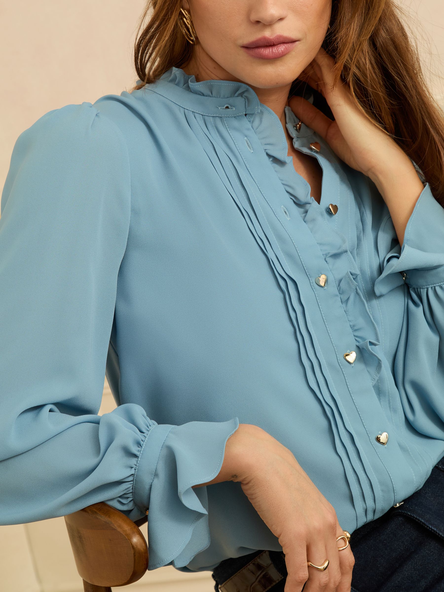 Love & Roses Blue Long Sleeve Frill Detail Blouse