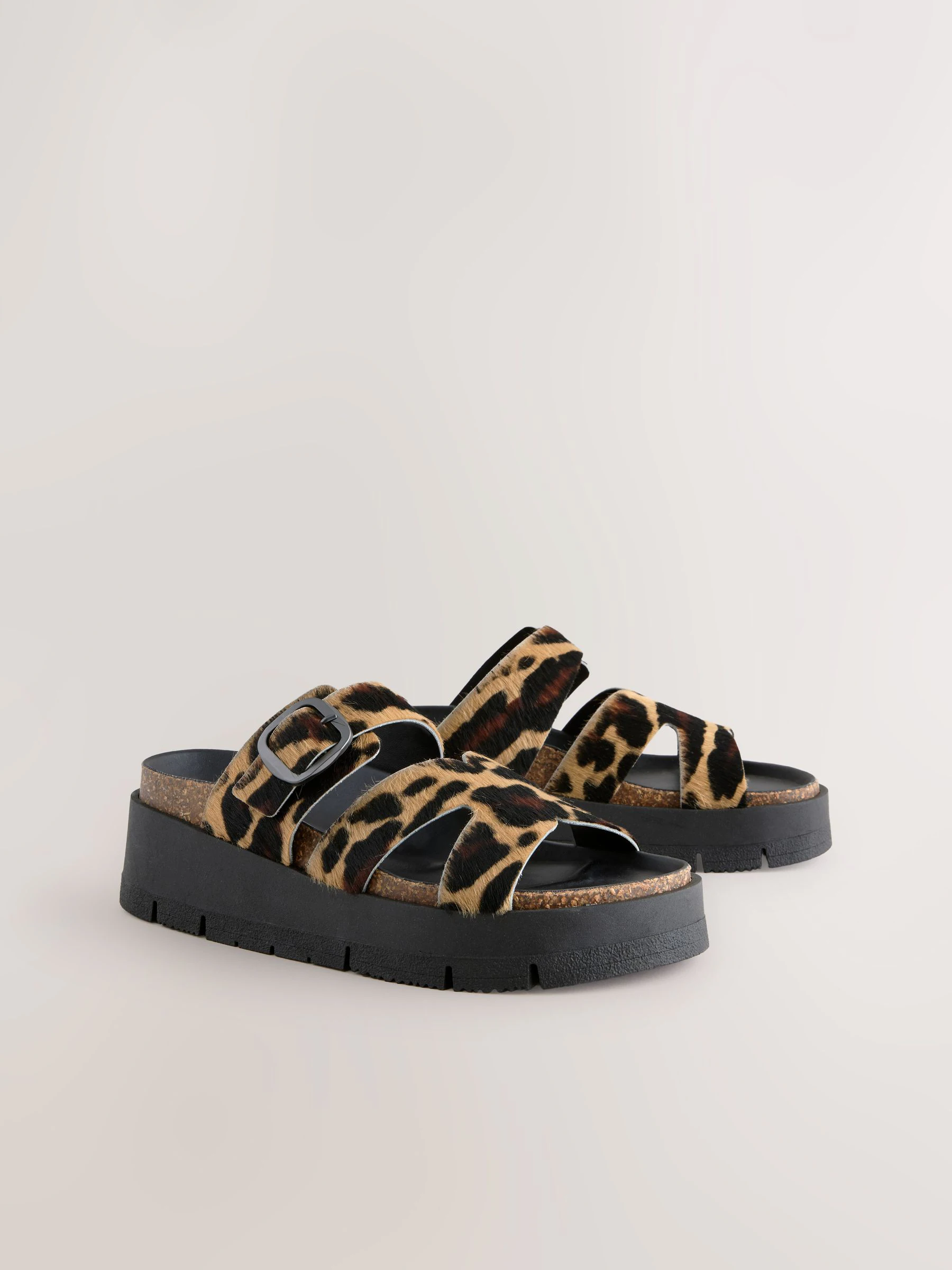 Leopard Print Leather Strap Buckle Detail Sandals