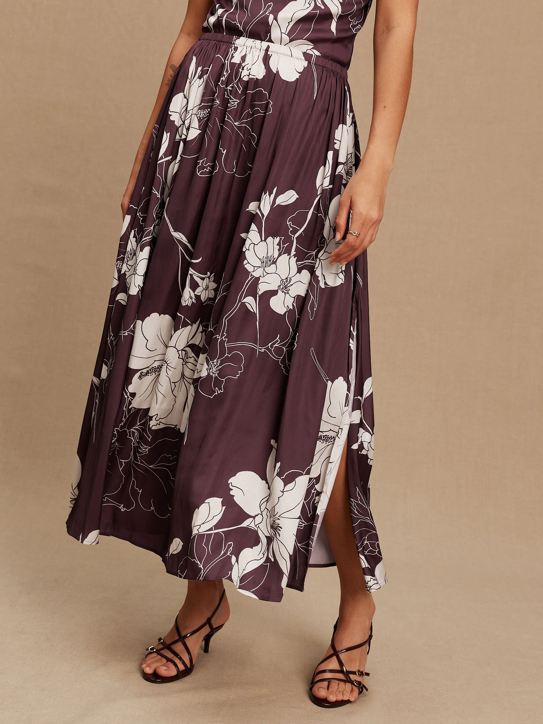 Burgundy/Ecru Floral Print Satin Midi Skirt